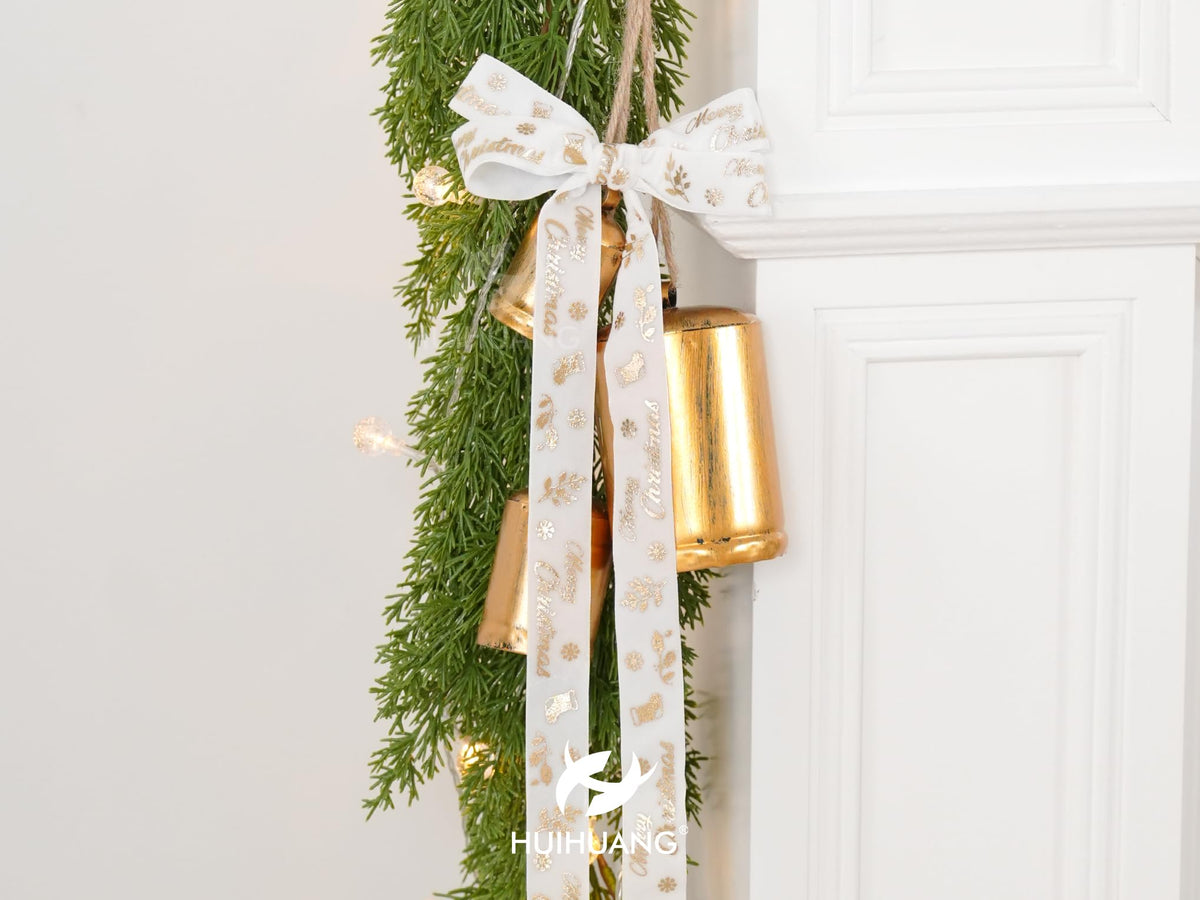 HUIHUANG 1 inch Christmas Velvet Ribbon White Velvet with Gold Printed Merry Christmas Ribbon for Gift Wrapping, Tree Ornaments, Wreaths, Garlands, DIY Crafts, Home Decor- Continuous 10 Yards