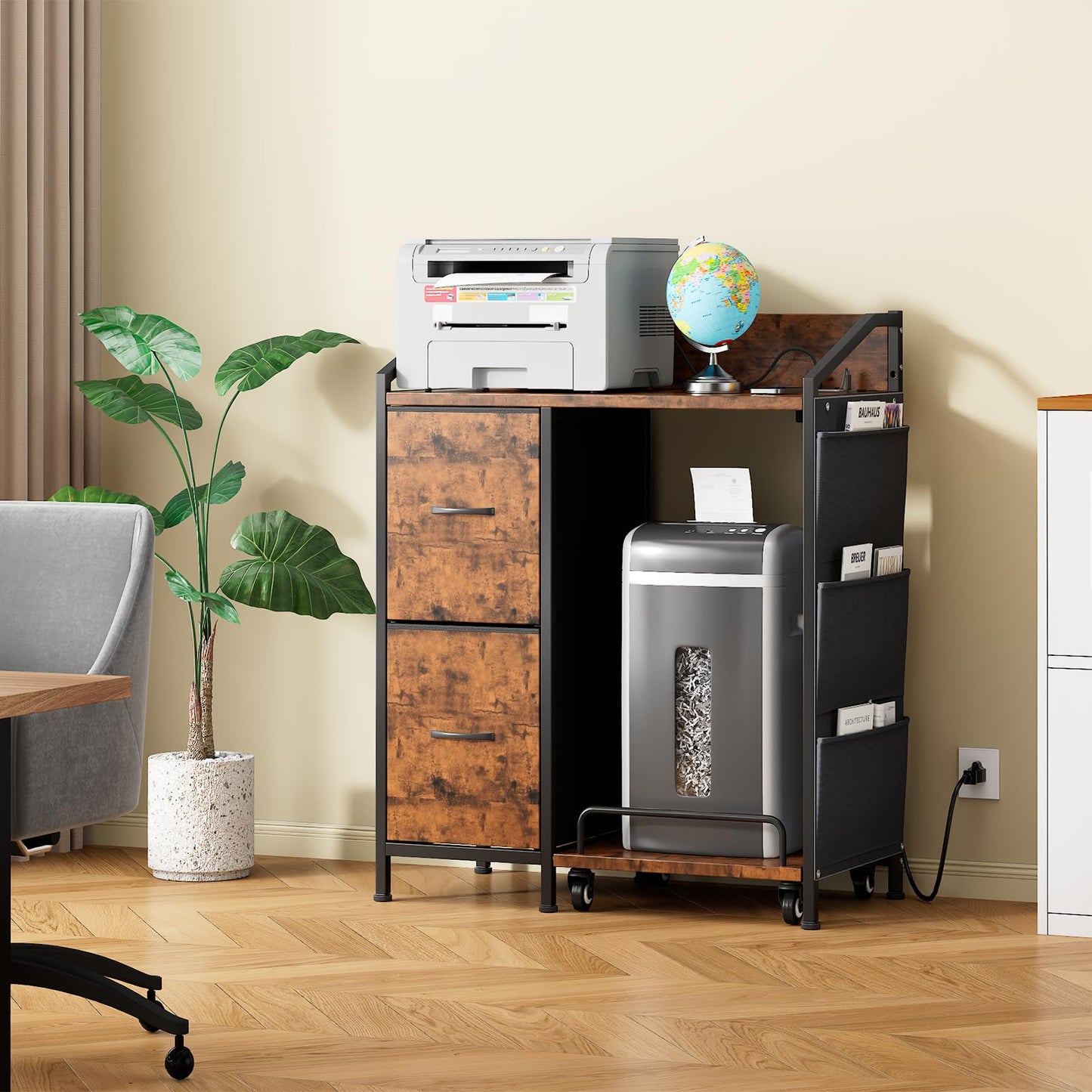 WODRAWER Printer Stand with Fabric Drawers, Lateral Office Filing Cabinets with Power outlets & USB Charging Port, File Cabinet with Large Printer Stands for Home Office, Shredder Stand (Rustic Brown)