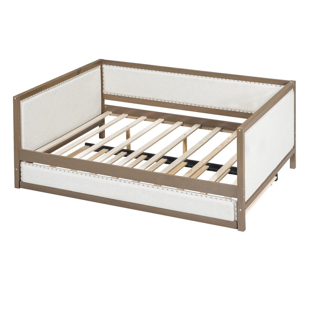 GDFStudio Full Size Upholstered Daybed with Trundle, Linen Sofa Bed with Nailhead Trim, Wood Frame Slat Support, No Box Spring Needed, Space Saving Guest Bed for Bedroom Living Room