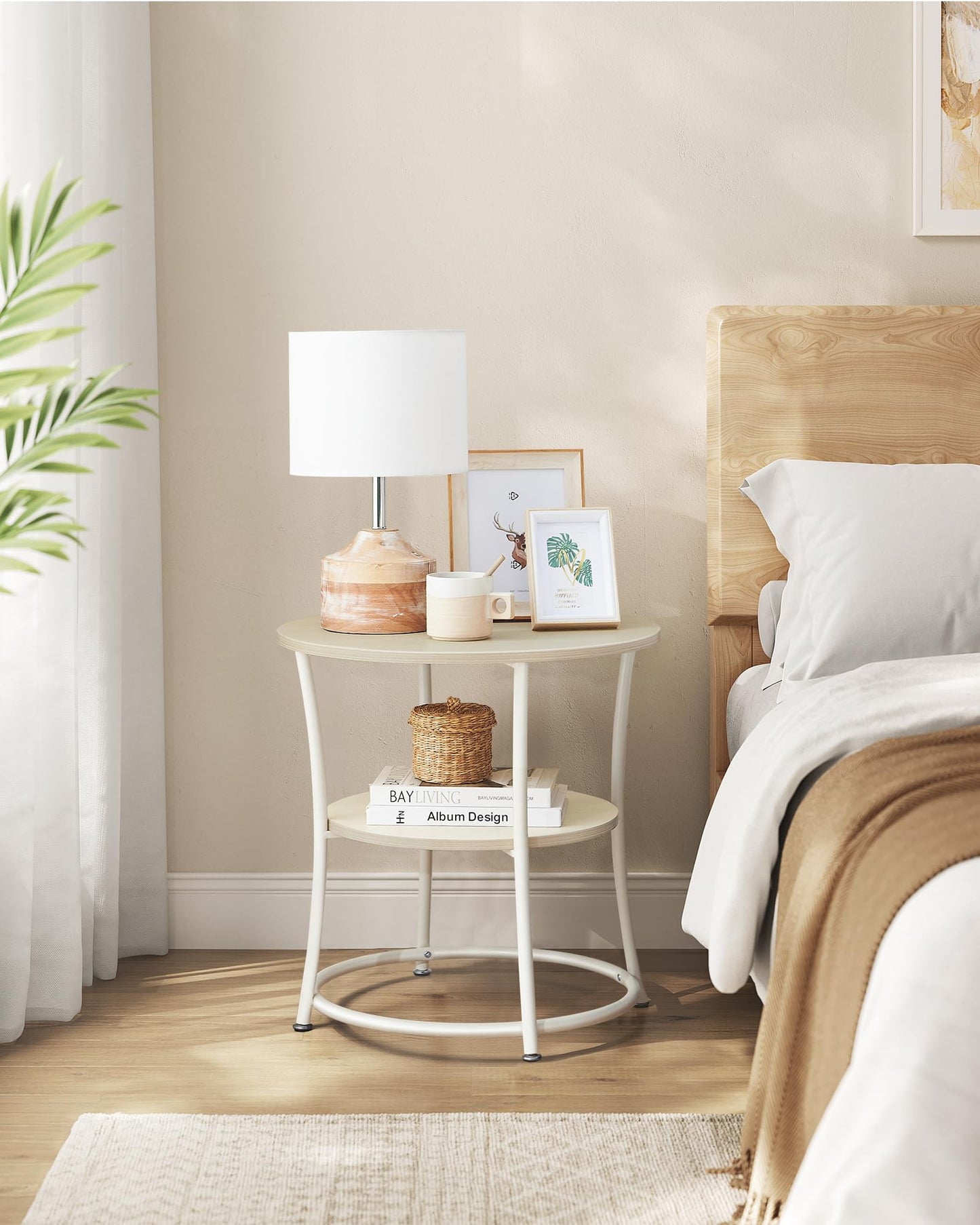 VASAGLE 21.7-Inch Round Side Table, 2-Tier End Table, Nightstand with Steel Frame, Spacious Top, for Small Spaces, Living Room, Bedroom, Natural Beige ULET056N01
