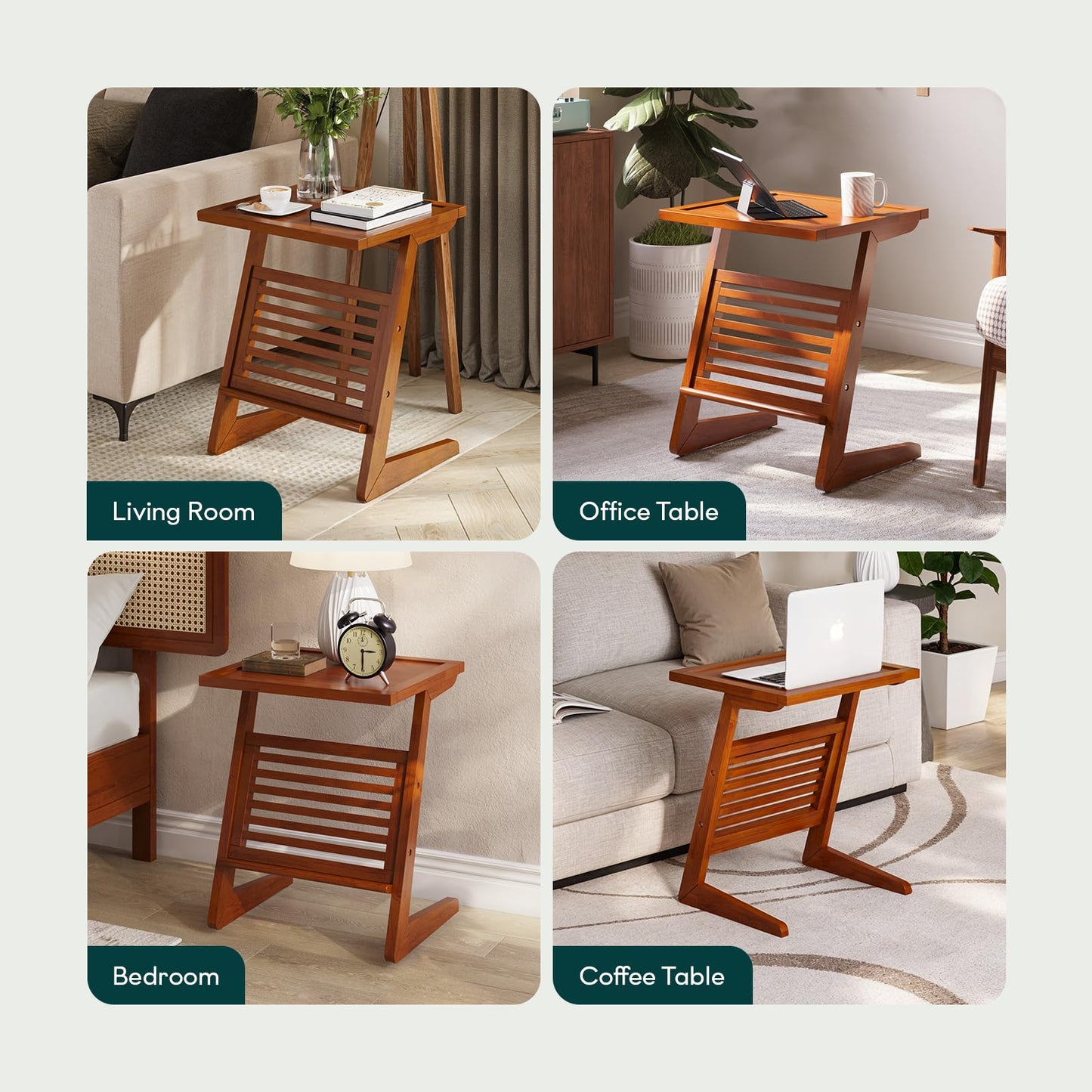 Bme Neil Nightstand Mid Century Modern Side Table, Rubberwood Nightstand with Z Shaped Frame and L Storage Bars Stylish, End Table for Bedroom, Living Room or Office - Milk Chocolate