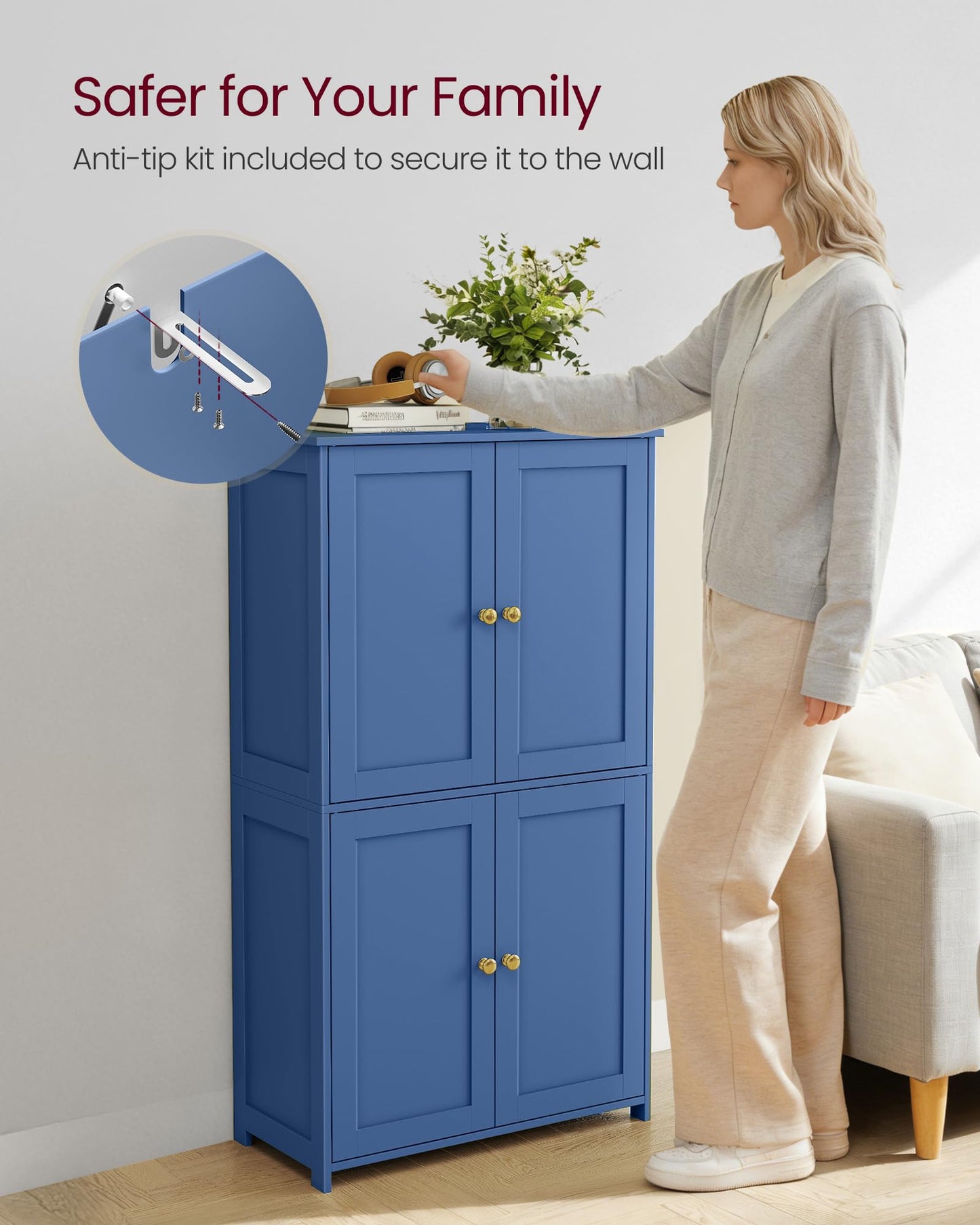 VASAGLE Floor Storage Cabinet, Shaker Cabinet with 2 Adjustable Shelves, 4 Doors, Tall Freestanding Organizer Unit, for Kitchen Bathroom Living Room, Bijou Blue UBBC553QE01S