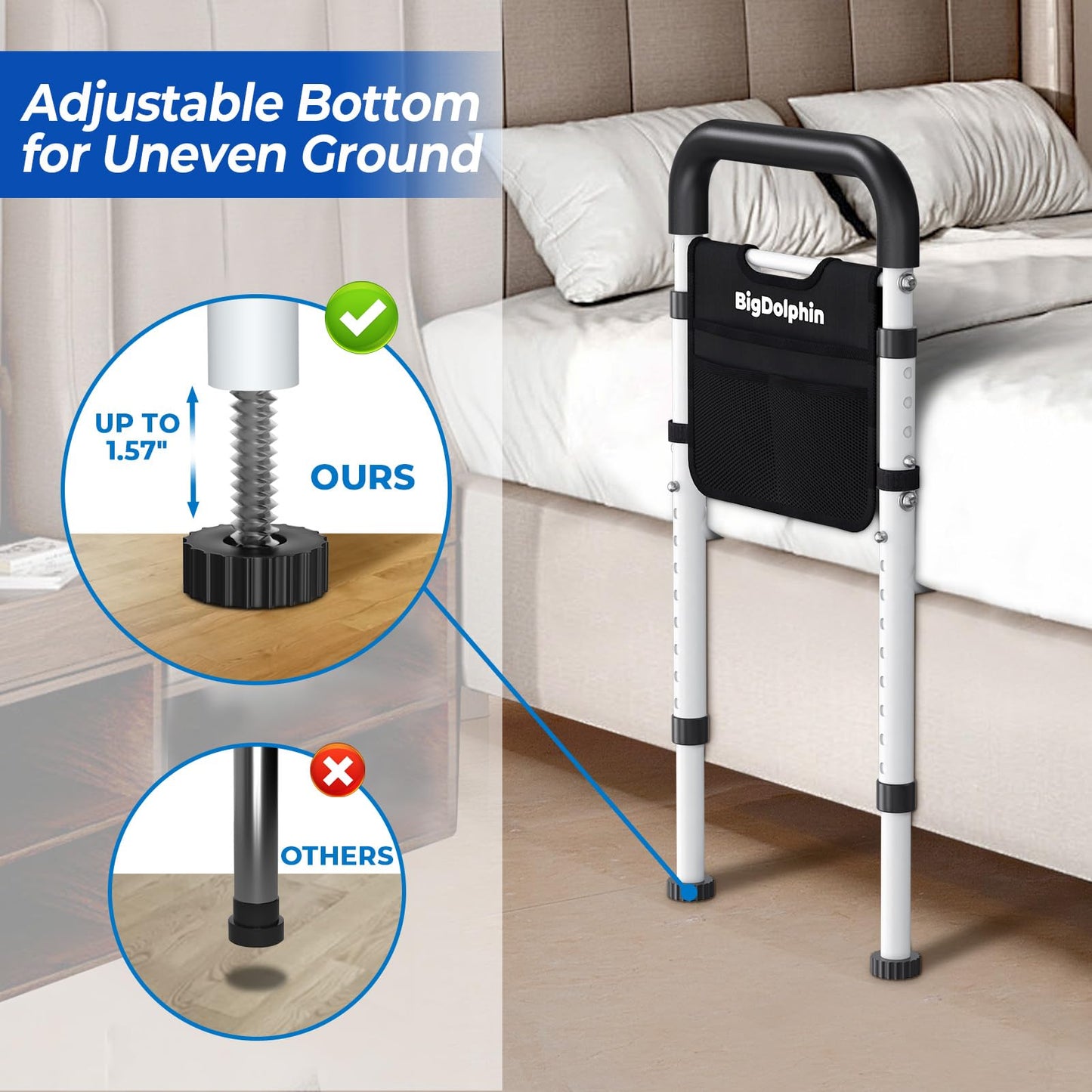 BigDolphin Bed Rails for Elderly Adults Safety - ASTM Approved, 350 LBS Capacity, Tool-Free Assembly, Non-Slip Ergonomic Handle with Storage Pocket, Safe Bed Rails for Seniors