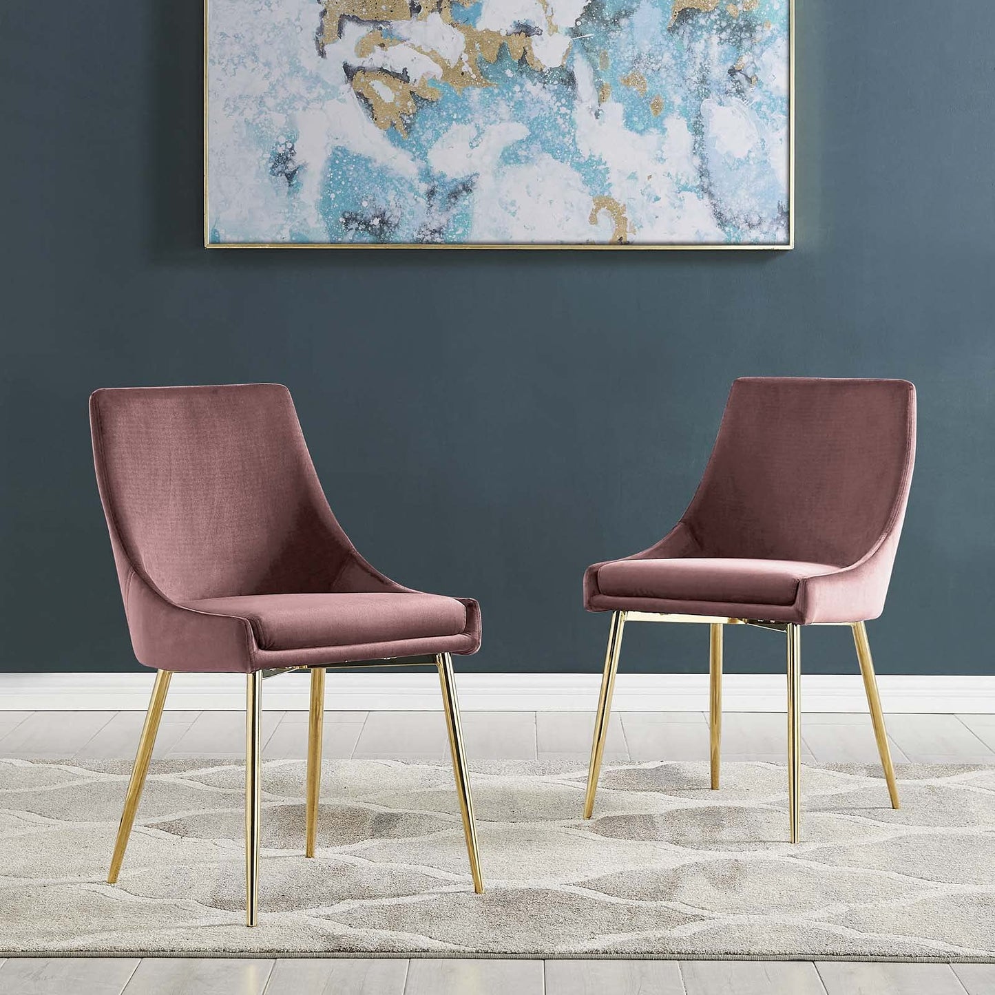 Modway Viscount Performance Velvet Upholstered Side Dining Chairs in Gold Dusty Rose - Set of 2