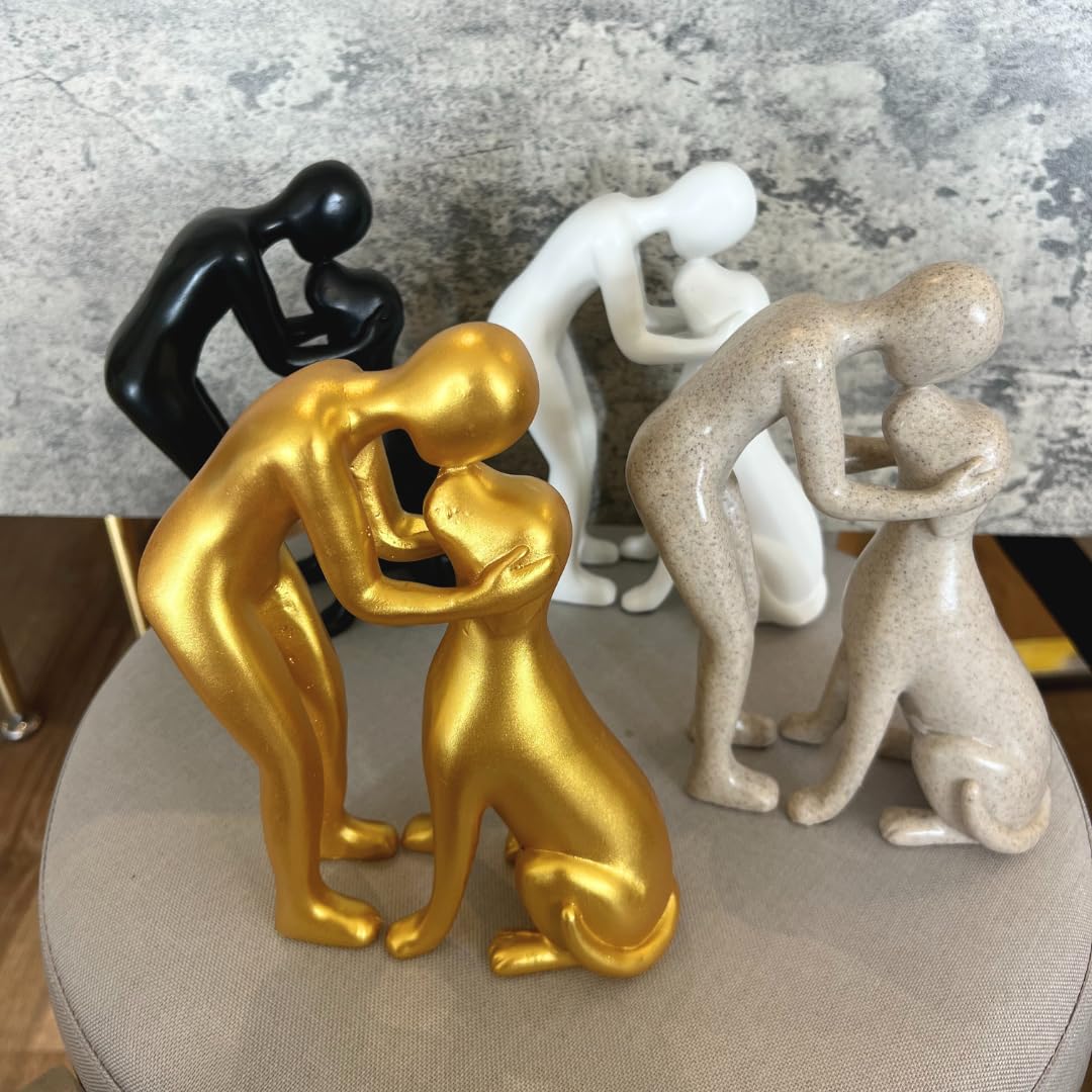 Pozbee Dog Owner Sculpture 8x6 inch, Stone Resin Dogs Statue, Loss of Dog Sympathy, Home Office Desk Shelf Decor Accent, Cute Pet Gift for Puppy Moms (Sandstone)
