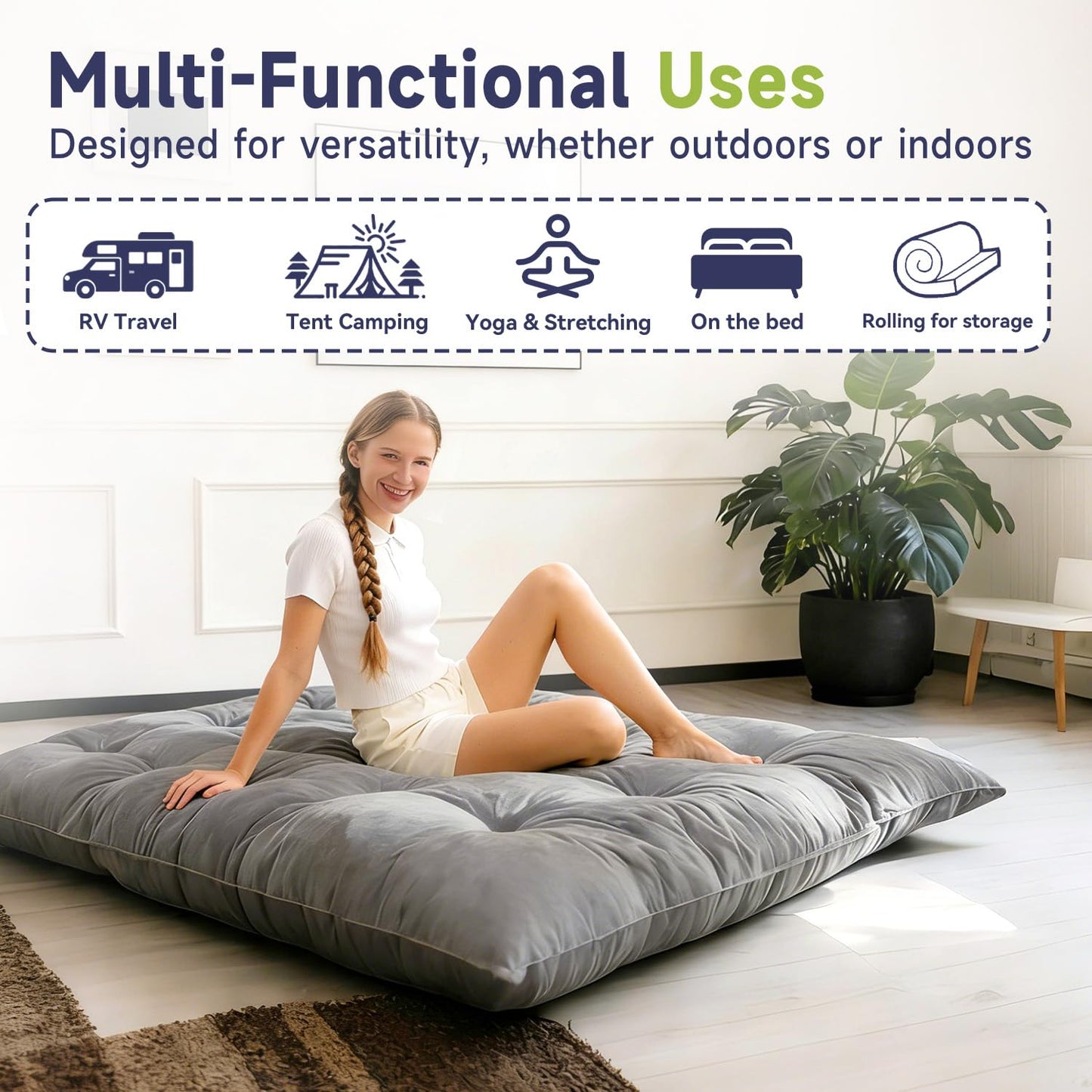 KOSRLY 6" Futon Mattress Full Size, Tufted Futons Sofa Couch Bed with Twisted Rope Design Edging,Versatile Floor Mattress for Adults,Shredded Foam Filling (Frame Not Included Gray, Queen)