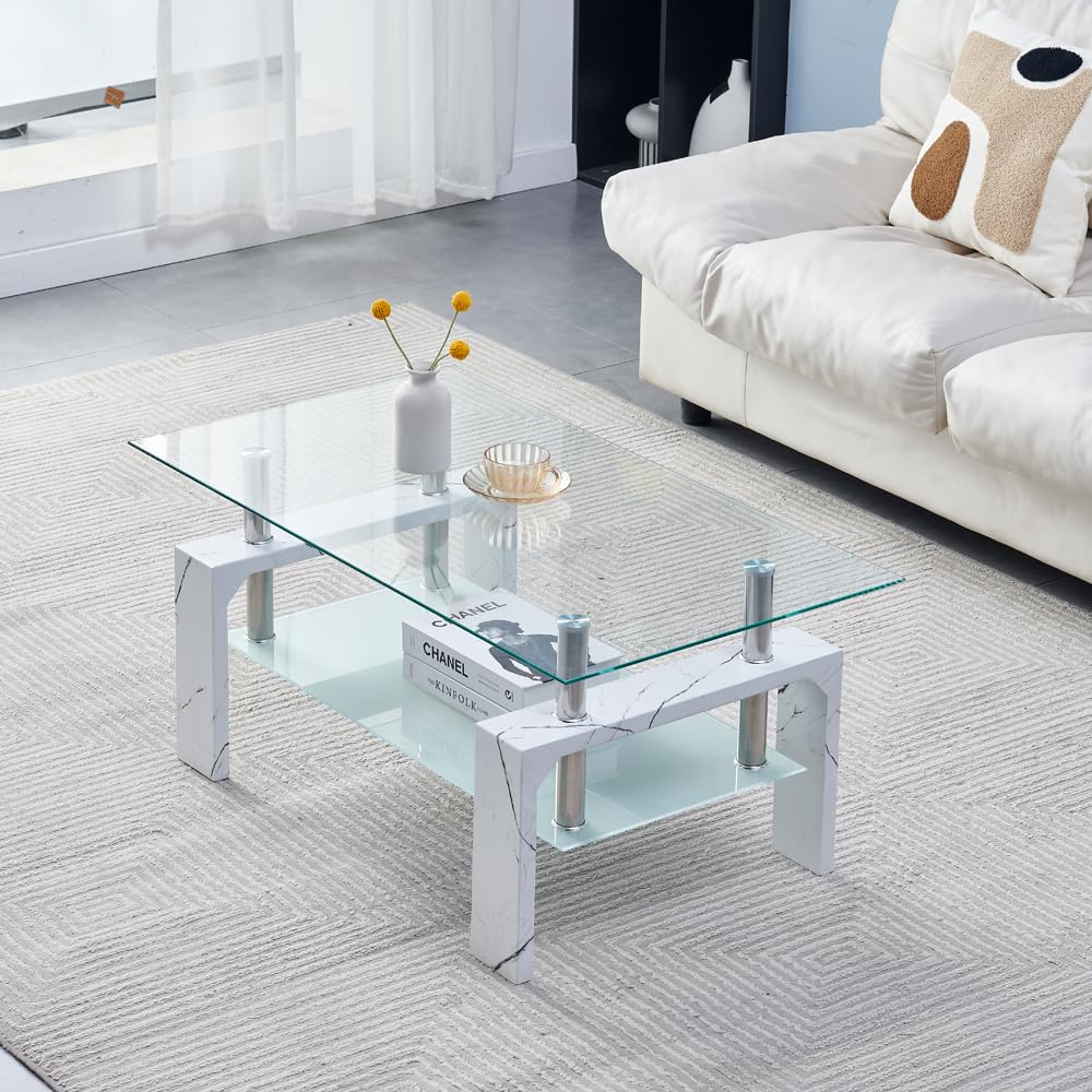 Btrpily Living Room Rectangle Coffee Table, Tea Table Suitable for Waiting Room, Modern Side Coffee Table with Wooden Leg, Glass Tabletop with Lower Shelf, Marble