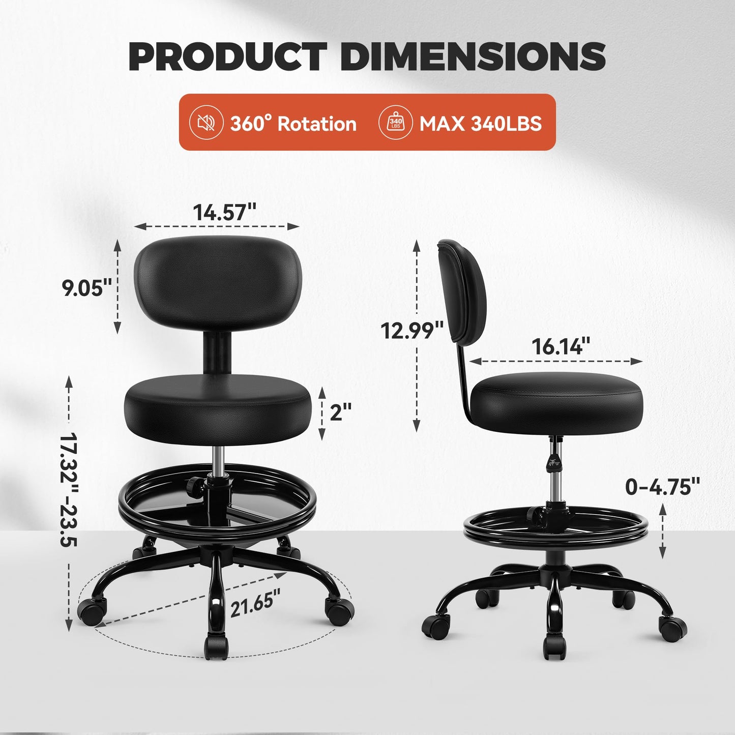 Shop Stool with Wheels for Garage, Mechanics Rolling Chair with Backrest, Adjustable Height Heavy Duty Garage Stool with Footrest and Storage Tray, Swivel Task Chair for Workshop Kitchen Salon