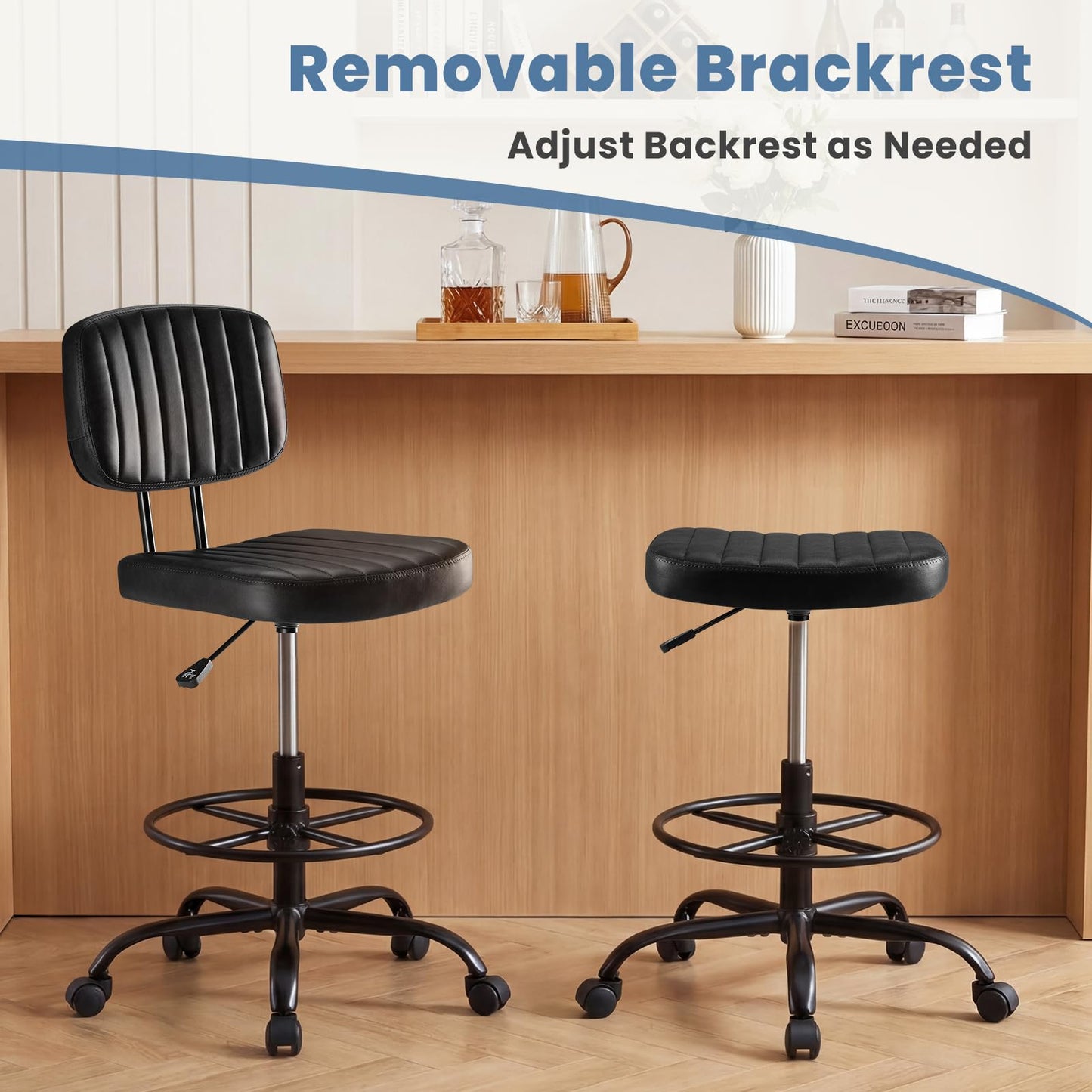 DUMOS Armless Drafting Chair, Low Back Office Seat with Adjustable Footrest Ring for Standing Desk, Ergonomic PU Leather Office Seating, Swivel Rolling High Stool for Studio, Lab, Counter, Black