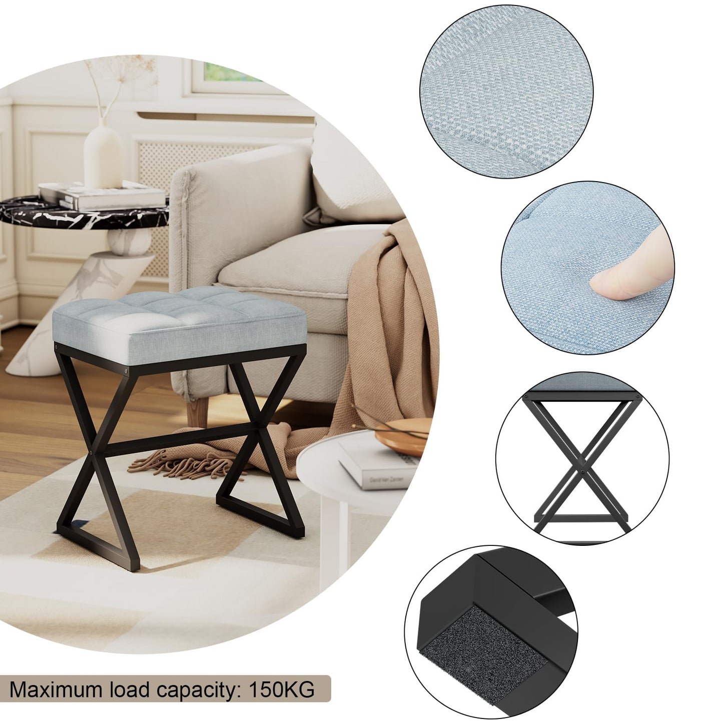 YMYNY Vanity Stool, Linen Footrest Stool, Ottoman Bench with X-Shaped Metal Legs, Makeup Dressing Stool for Vanity, Living Room, Bedroom, Entryway, Hallways 15.74"D×11.81"W×18.11"H Blue Gray UHBD033L
