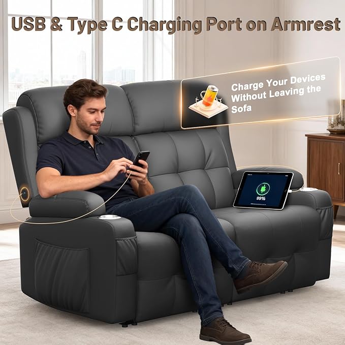 Power Loveseat Recliner with 2-Point Graphene Heat & Massage, Under-Seat