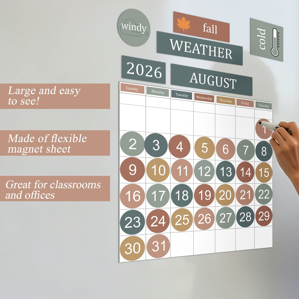 Lerheedi 94 Pcs Boho Calendar Magnets for Whiteboard Large Magnet Calendar Set Days of the Week Magnets for Refrigerator Classroom Weeks and Months
