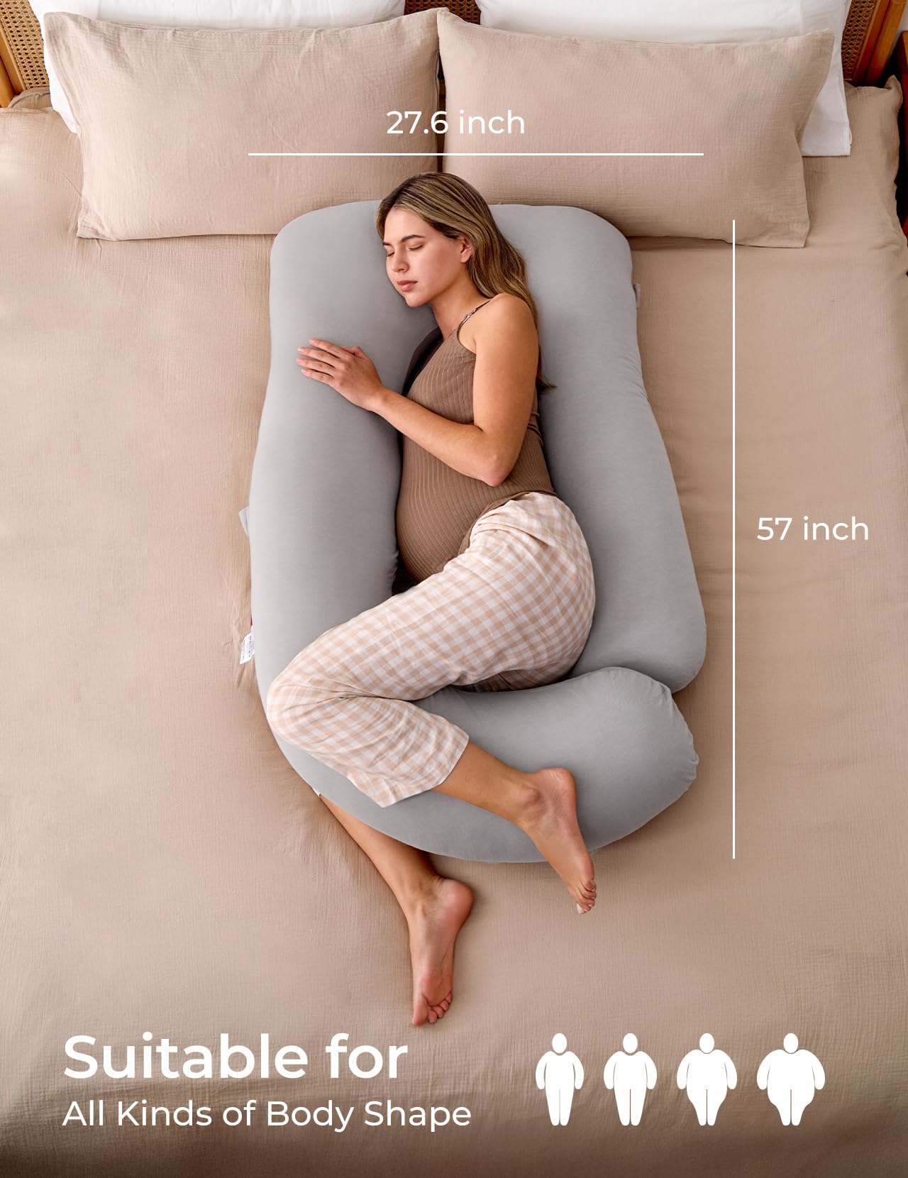 Momcozy Pregnancy Pillows for Sleeping, U Shaped Full Body Pillow for Pregnancy Women with Removable Jersey Cotton Cover, 57 Inch Maternity Pillow, Grey
