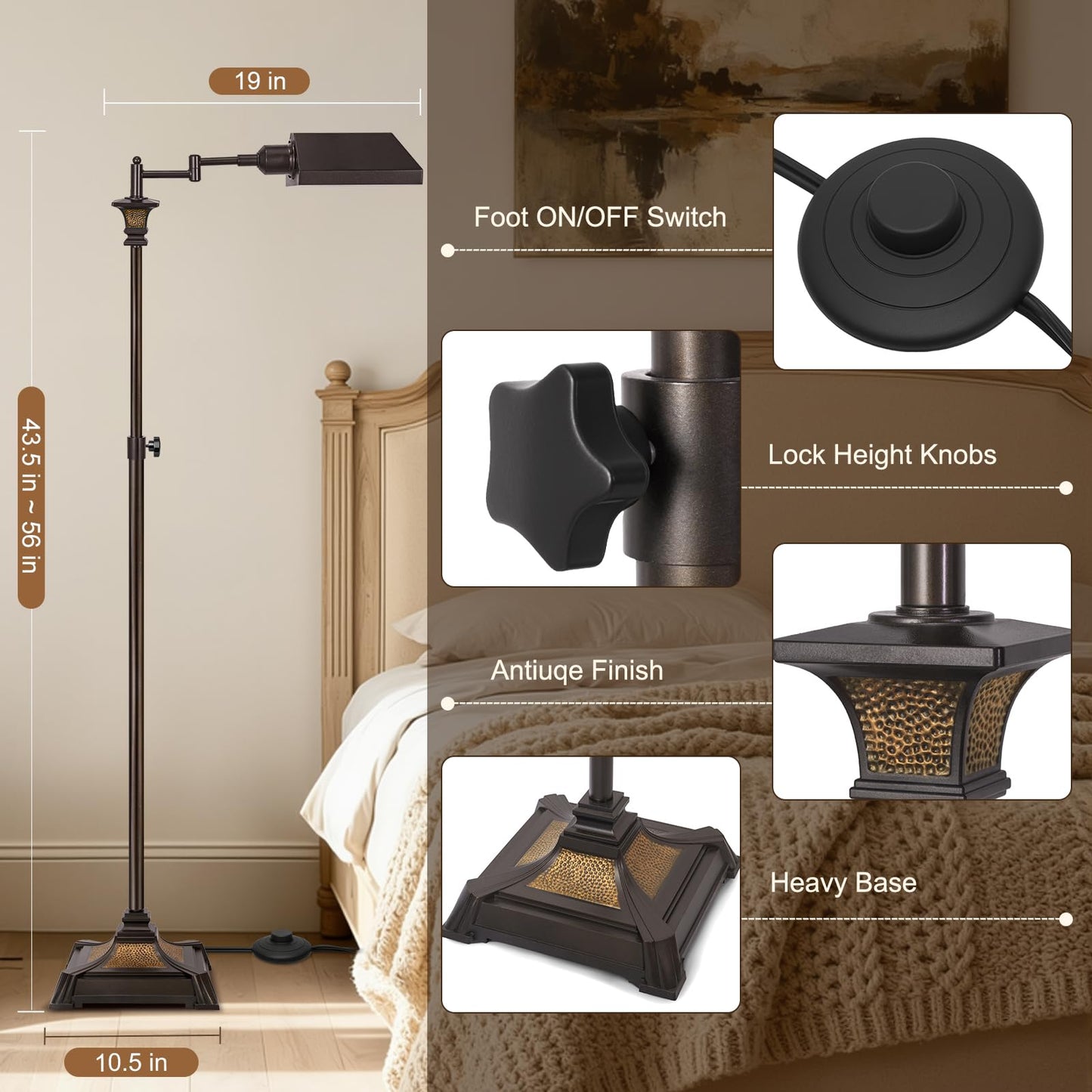 Scenekoy Adjustable Height Smart LED Floor Lamp for Living Room Bedroom, Remote Control Traditional 350º Swing Arm Standing Lamp with Swivel Metal Shade, Decor for Reading House Home Office