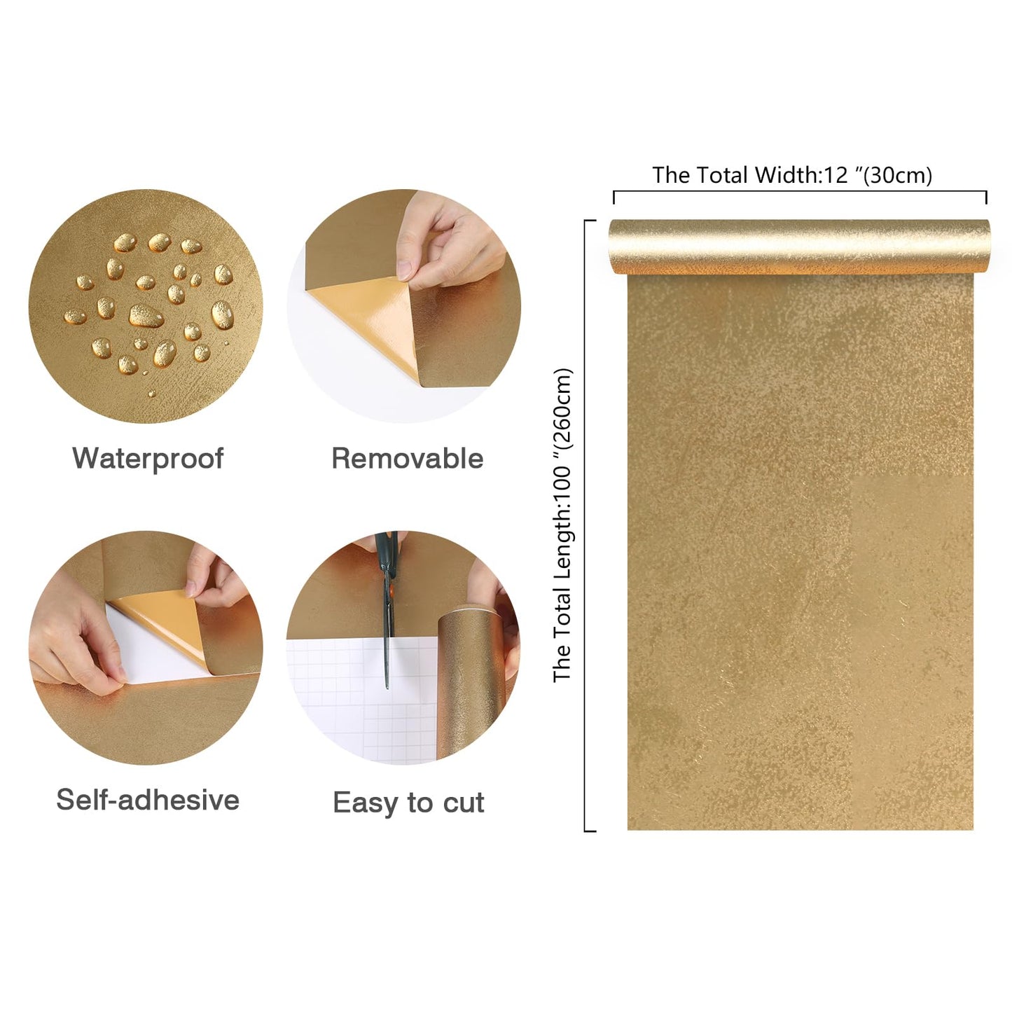 CHIHUT Bright Gold Metallic Wallpaper Peel and Stick Self Adhesive Luxury Removable Contact Paper for Accent Walls Furniture Cabinets Waterproof Vinyl Wrap Texture Gold Wallpaper for Bedroom 12"x100"