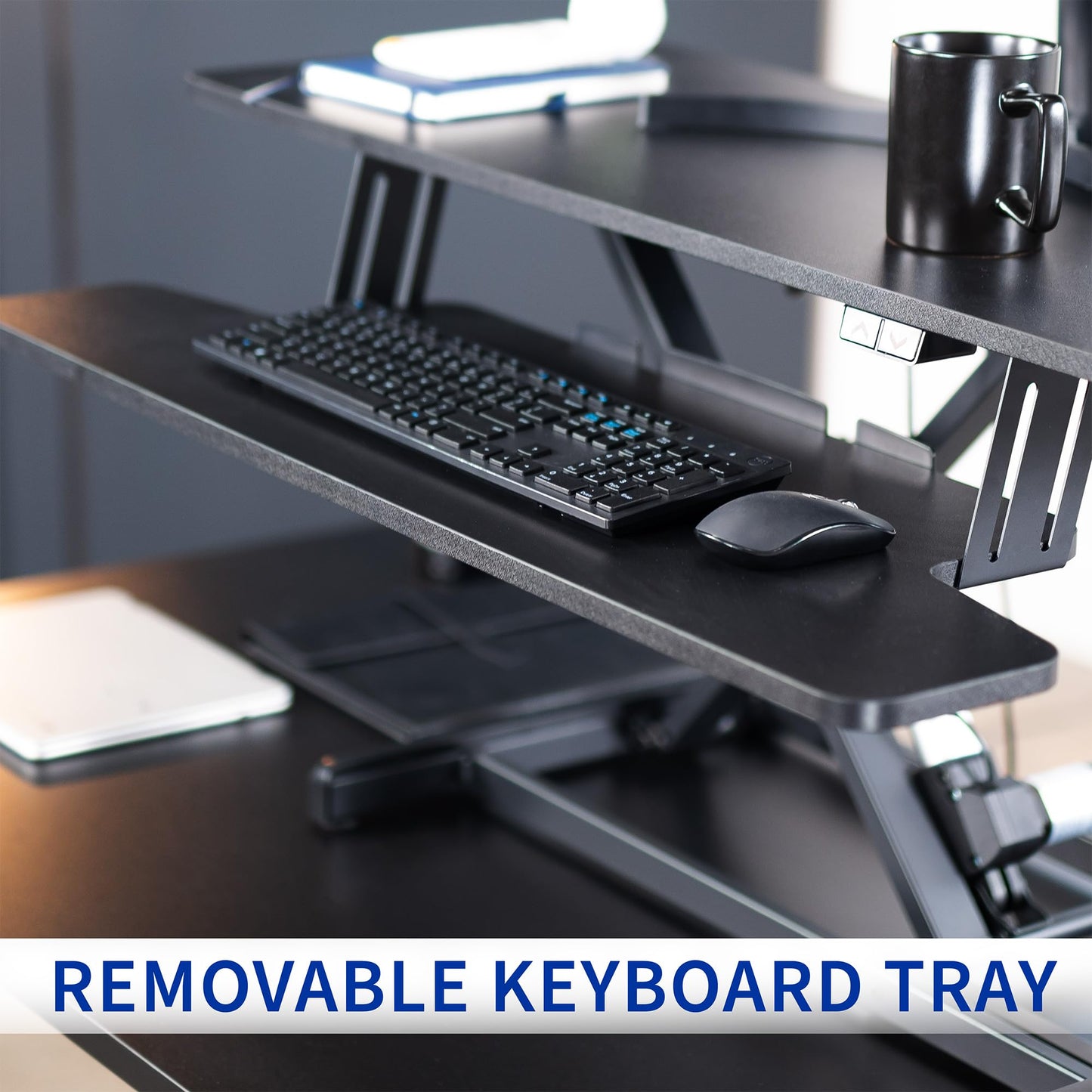 VIVO 42 inch Electric Motor Desk Converter, Height Adjustable Riser, Sit to Stand Dual Monitor and Laptop Workstation with Wide Keyboard Tray, Black, DESK-VE42B