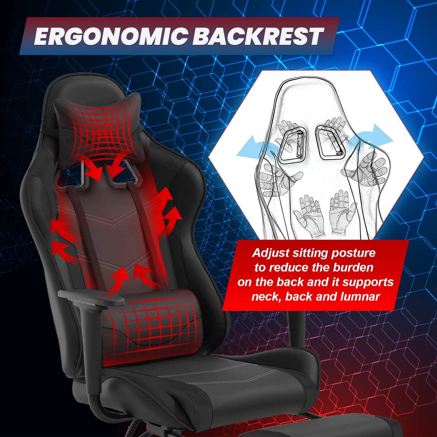 BestOffice | Ergonomic Gaming Chair | Dark Black | Reclining Computer Chair with Lumbar Support, Headrest Pillow, Adjustable Footrests | 360 Swivel with Heavy Duty Wheels | for Home & Office