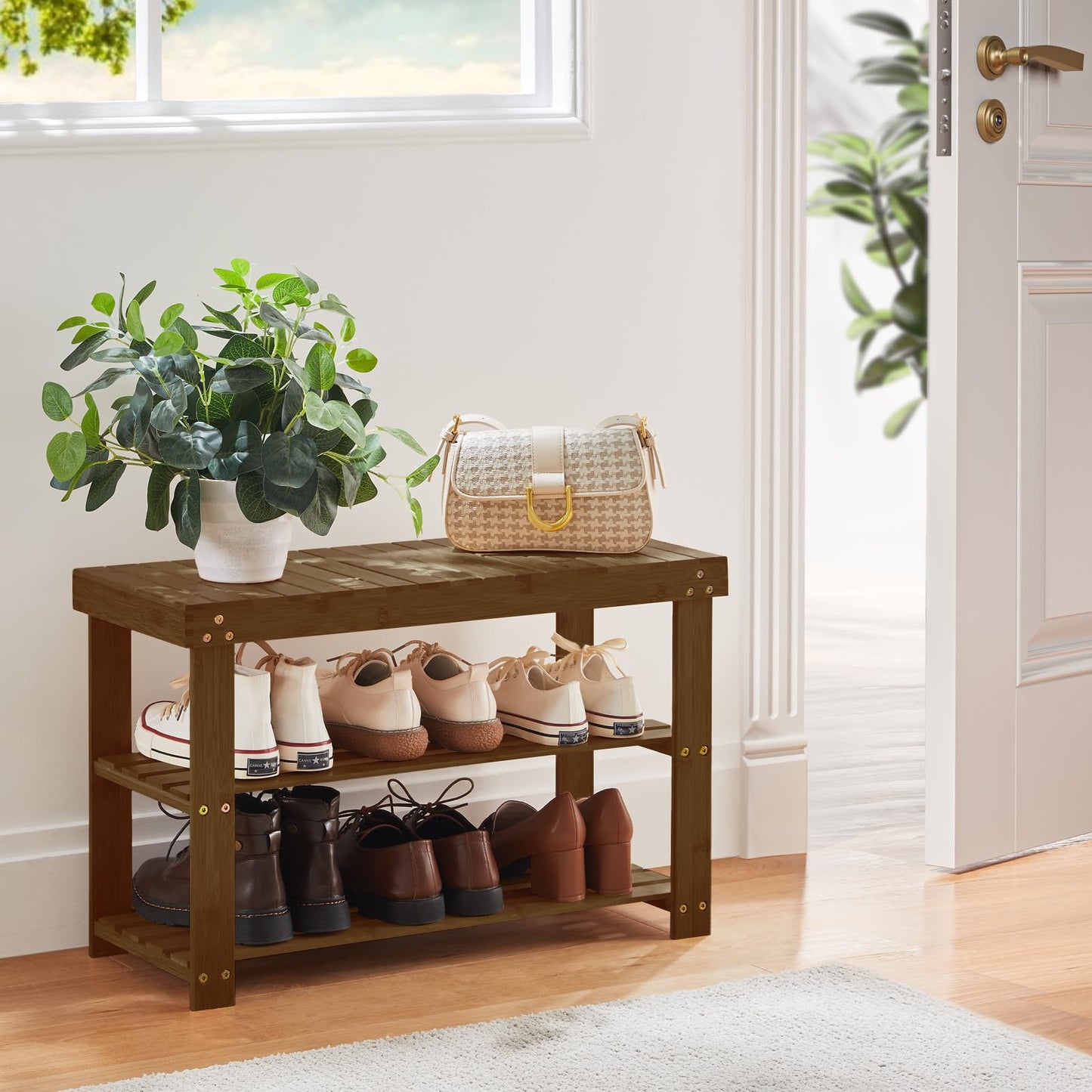 Pipishell Bamboo Shoe Rack Bench, 3 Tier Sturdy Shoe Bench, Storage Shoe Organizer, Holds up to 300lbs for Entryway Bedroom Living Room Balcony, Yellow Brown