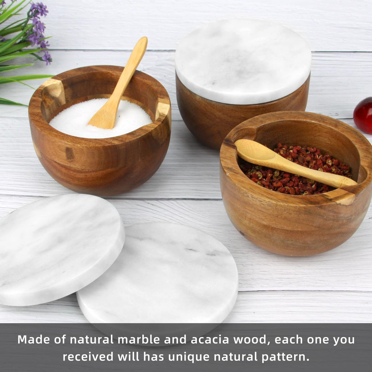 HESHIBI Salt Cellar Box with Lid & Spoon, Modern White Stone Salt or Pepper Sugar Spice Seasoning Bowl Container Jar Holder Well Keeper Dish Pig Crock for Kitchen (Marble Lid Set)