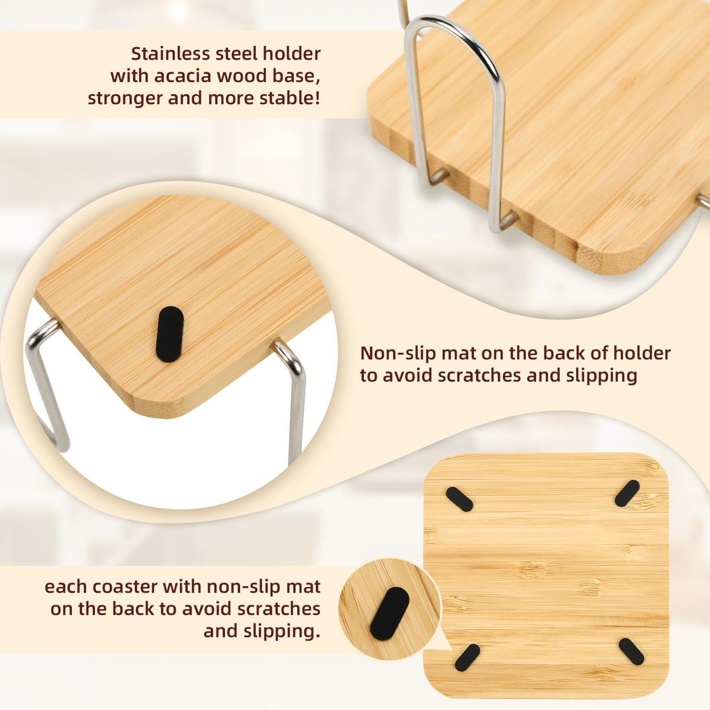 eleganlife Coasters Set of 6 for Coffee Bar Accessories - Bamboo, Drink Coasters with Holder for Home Decor and Wooden Small Snack Trays Set - Portable for Home, Office and Relaxation