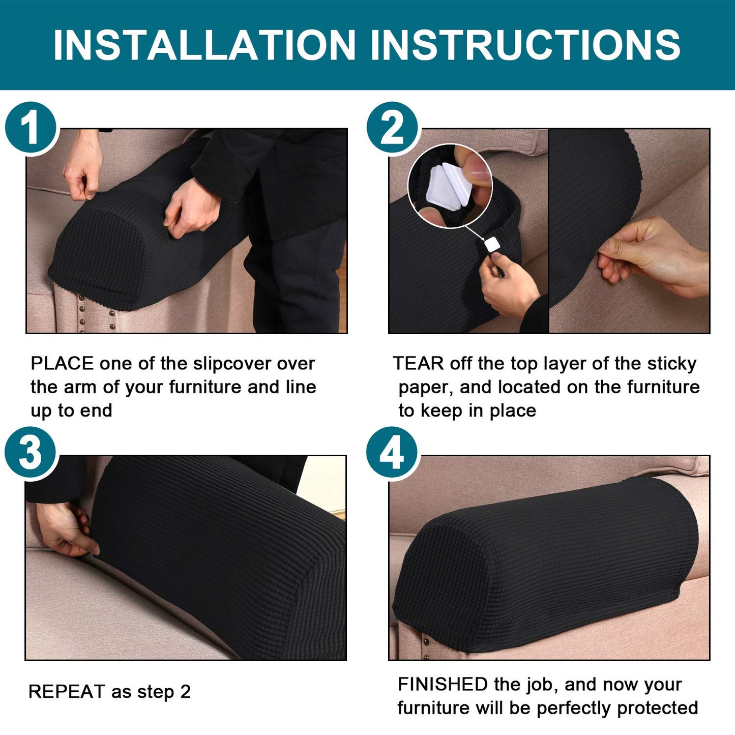 Turquoize Stretch Armrest Covers for Chairs and Sofas Couch Arm Covers for Sofa Spandex Jacquard Armrest Cover Anti-Slip Furniture Protector Washable Armchair Slipcovers for Recliner Set of 2, Black