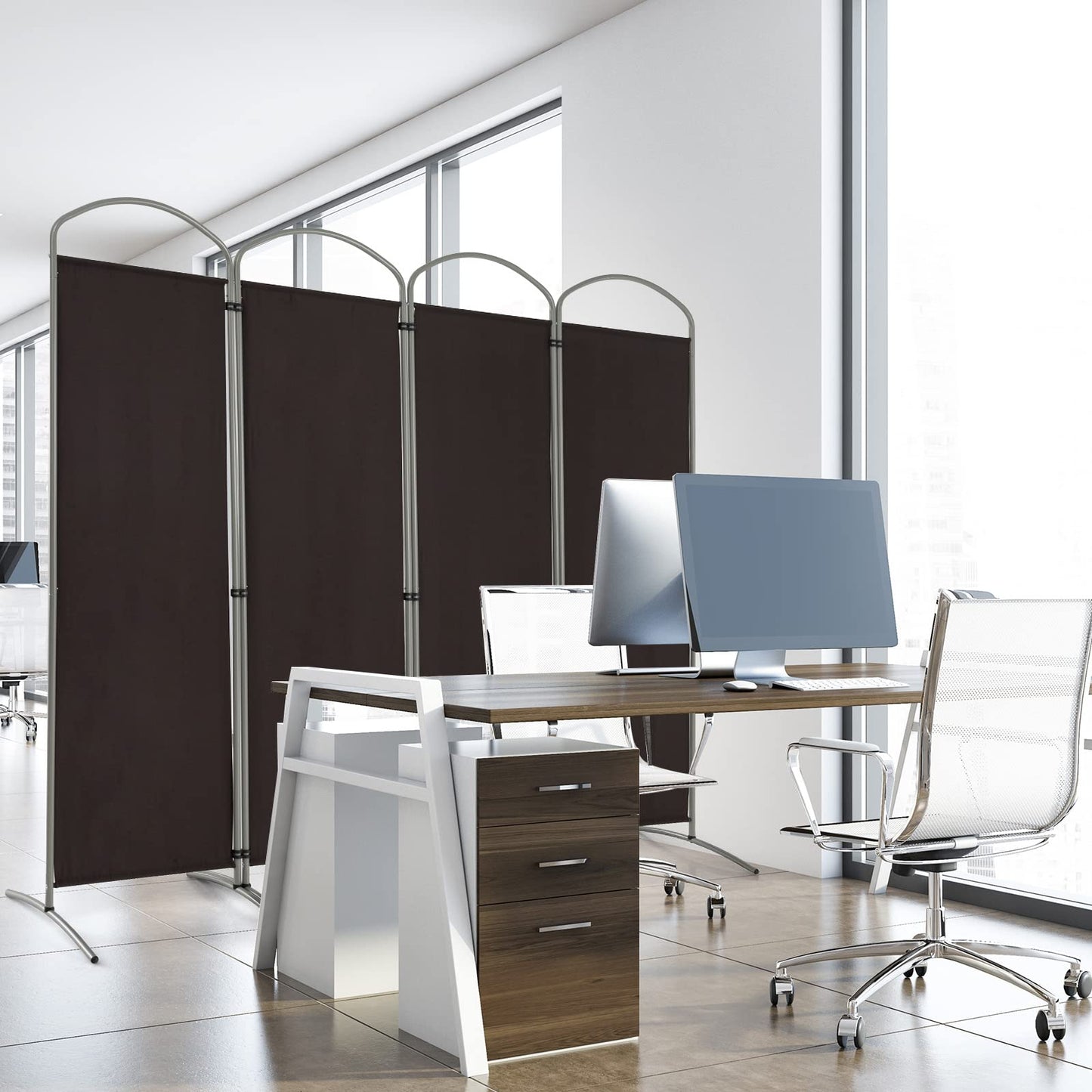 Giantex 6.2Ft Folding 4-Panel Room Divider Brown- 87" Wide Freestanding Foldable Fabric Privacy Screen, Lightweight Portable Partition Wall Divider and Separator for Home Office, Apartment, Studio