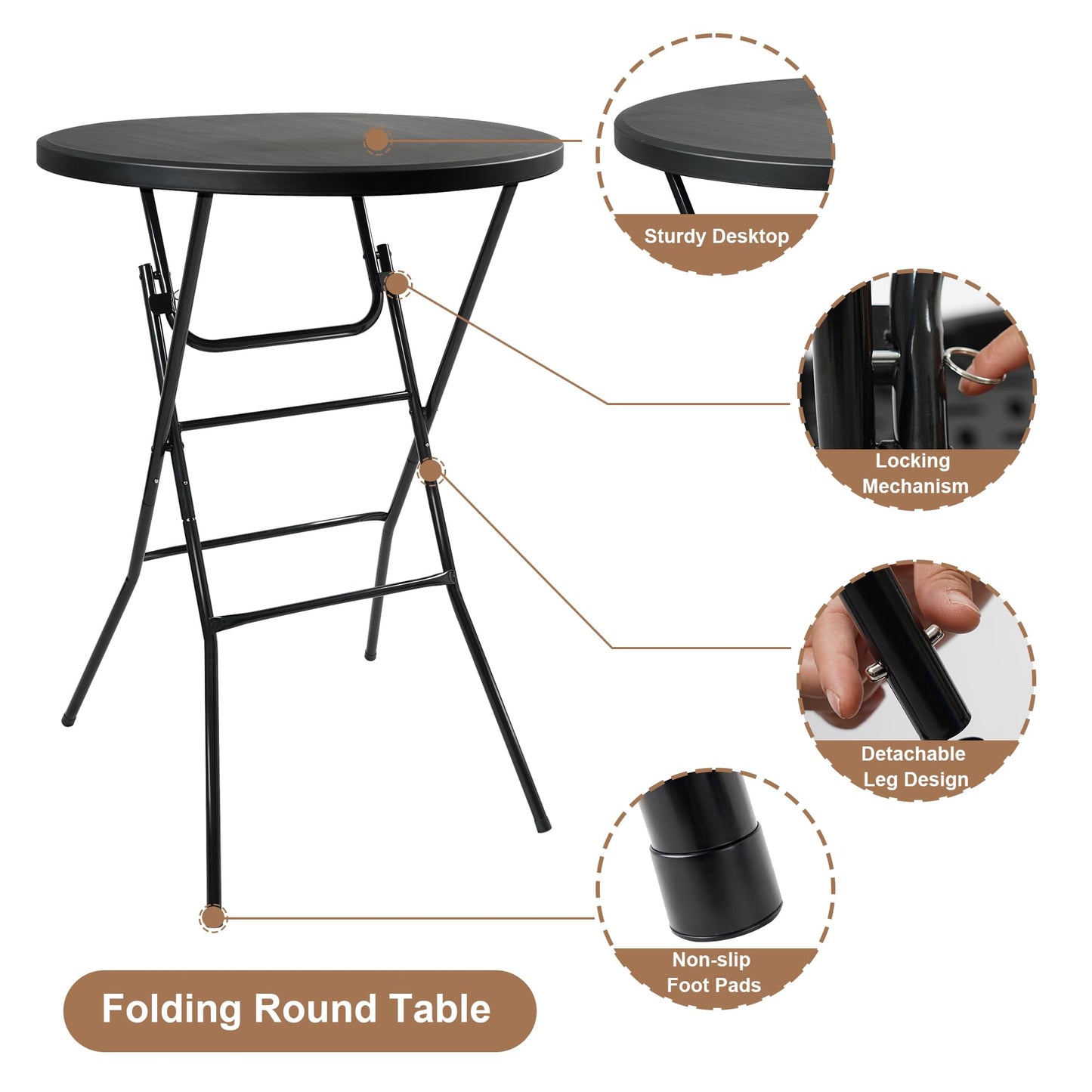 aoole Cocktail High Top Table, D32 x H43.3 Folding Round Table with Removable Legs, Foldable Bar Tables, Pub Tables for Weddings, Parties, Bistroa, Patio, Business Events (Black, Set of 1)