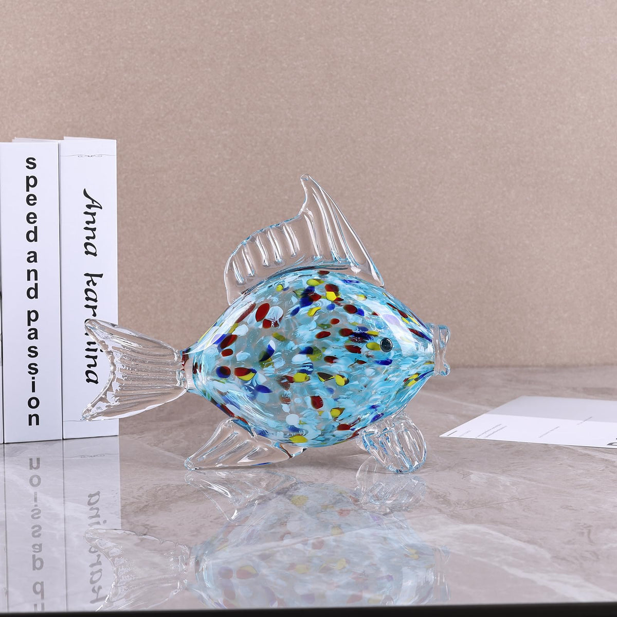 LINYTHER Large Glass Fish Figurine for Home Decor, Hand Blown Art Glass Ocean Animal Statue, Decorative Coastal and Beach Themed Sculpture for Table, Shelf, Bathroom, Living Room or Office