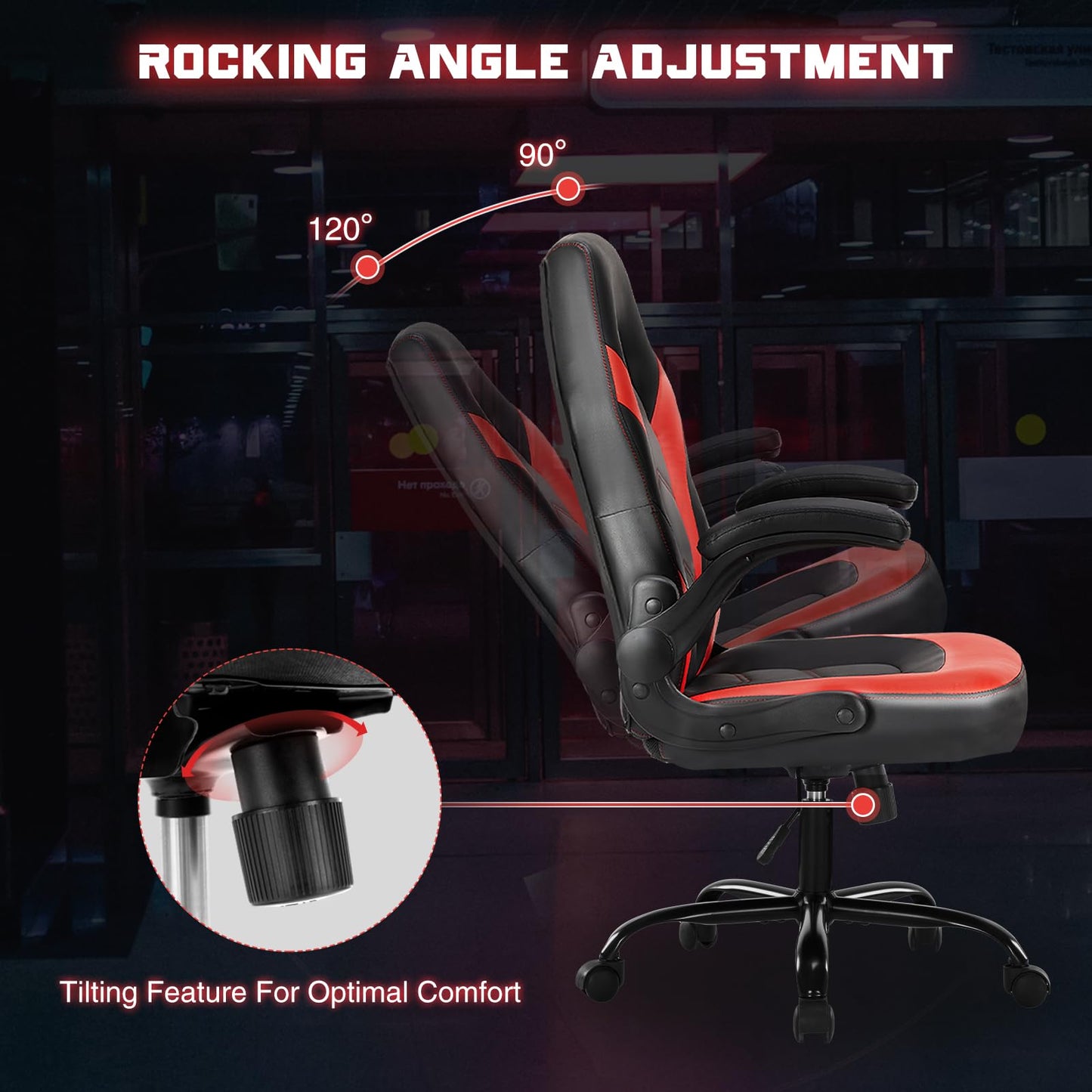 Sweetcrispy Computer Gaming Chair - PU Leather Ergonomic Lumbar Support with Flip-up Armrest and 360° Swivel Wheels, Height Adjustable Task Home Office Desk Video Racing, Red