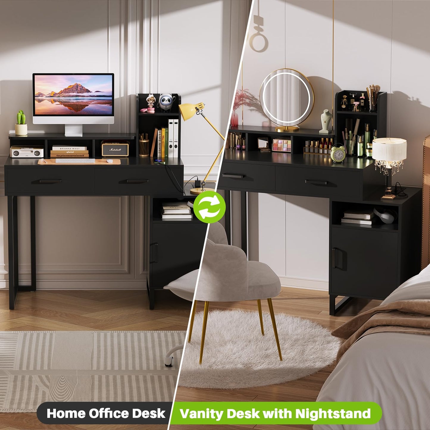 Besiost Vanity Desk, Small Vanity Desk with Power Outlet, Makeup Desk with Drawers and Cabinets, Vanity Set with Storage Shelves for Bedroom, No Mirror, Black