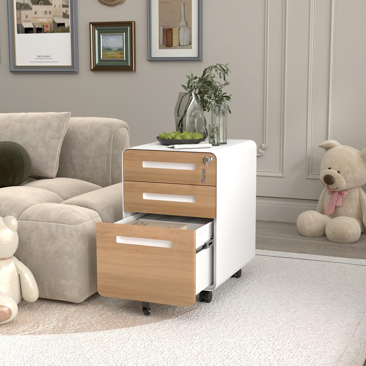 GarveeHome 3 Drawer Mobile File Cabinet with Lock, Under Desk Metal Filing Cabinet for Home Office, Under Desk Storage with 5 Wheels for A4/Letter/Legal Size, Fully Assembled