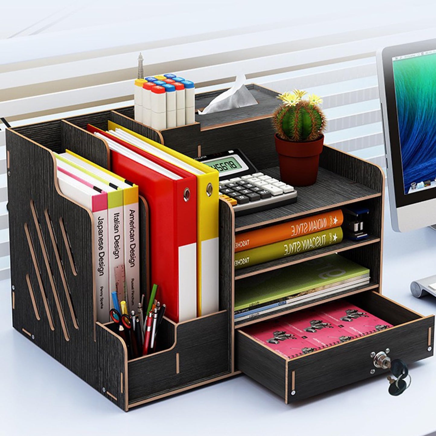 Zyners Bamboo Desk Organizer, Desktop Wood Bookshelf File Organizer, Pen Holder and Tissue Holder, 1 Drawer with lock for Office, Home, Need to Install (Light black)