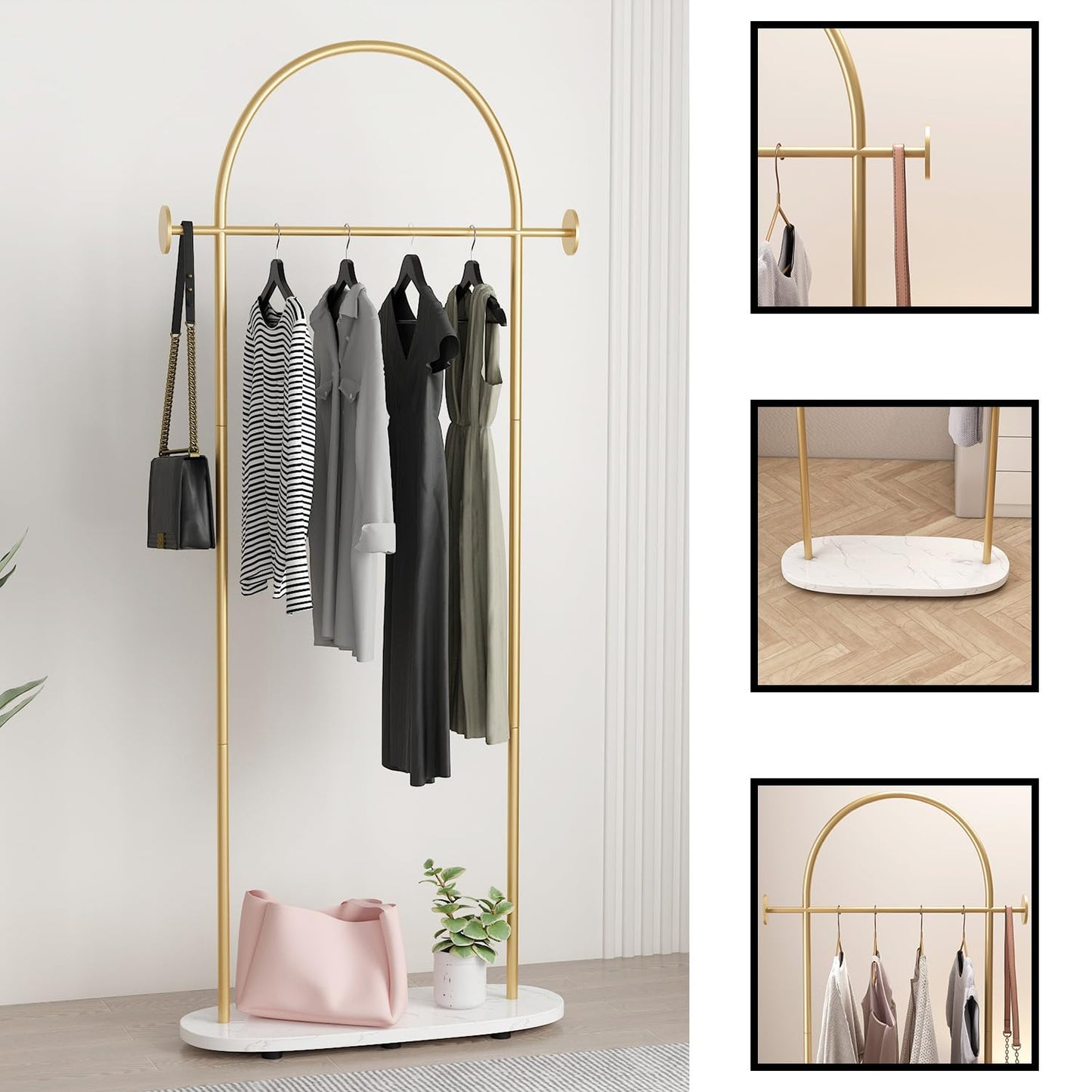 KADIGANG Gold Clothing Rack, Modern Clothes Rack with Shelf, Heavy Duty Freestanding Coat Rack, Metal Coat Hanger Stand with Hooks for Boutique Office