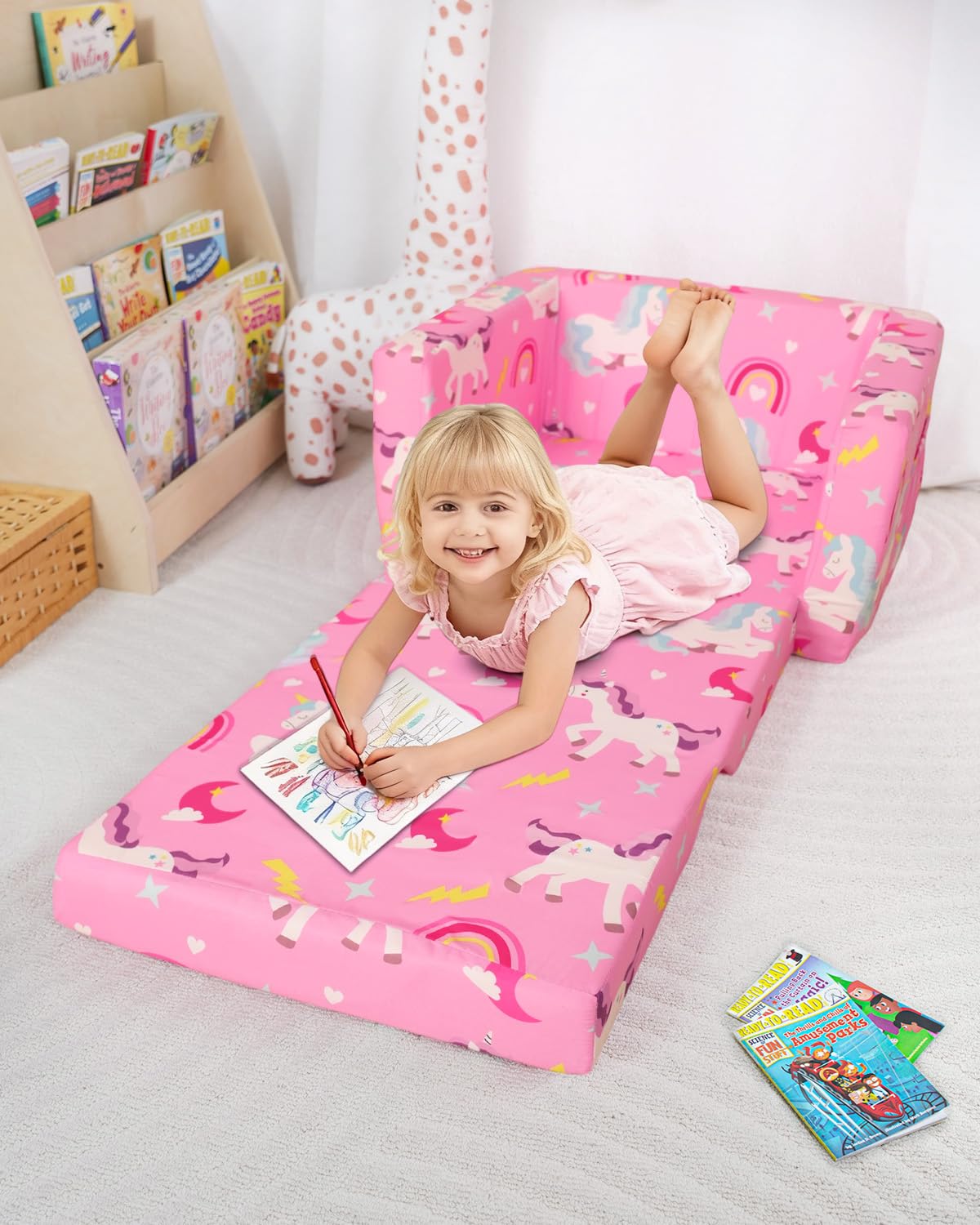 Beavtaens Kids Couch, 2-in-1 Kids Fold Out Couch, Convertible Sofa to Lounger for Girls and Boys, Soft Toddler Chairs Comfy 1-3 Years Old - Light Pink