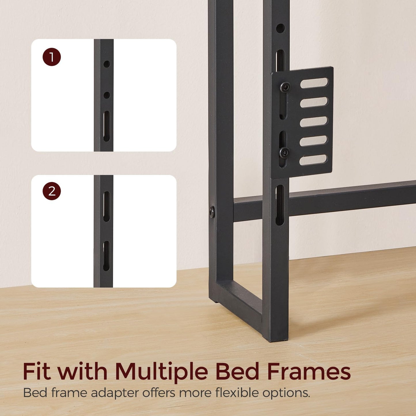 MAHANCRIS Headboard Queen Size Only, Headboard with 2 Power Strips, Industrial Head Board with Flip Door and Bed Frame Adapter, Height Adjustable, Black
