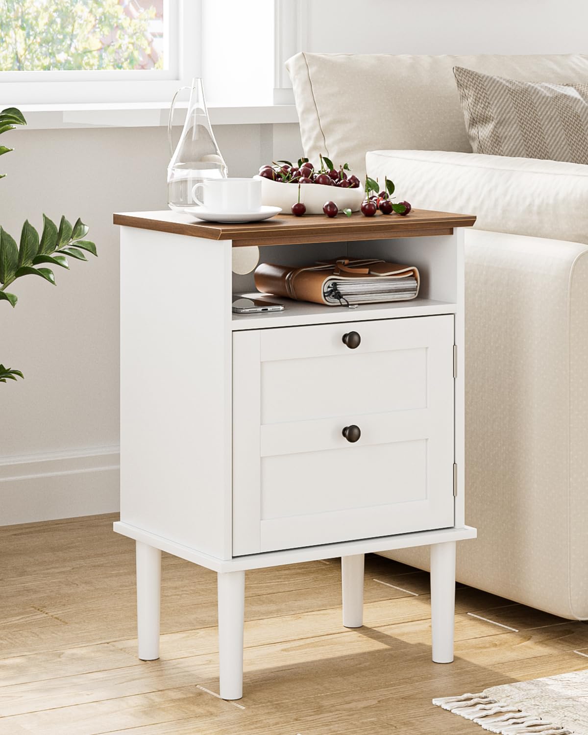 Apetaccat Nightstand, Boho Night Stand with 1 Drawer, Modern Side Accent Table with Open Shelf, Wooden Top Bedside End Table for Bedroom, Living Room, White