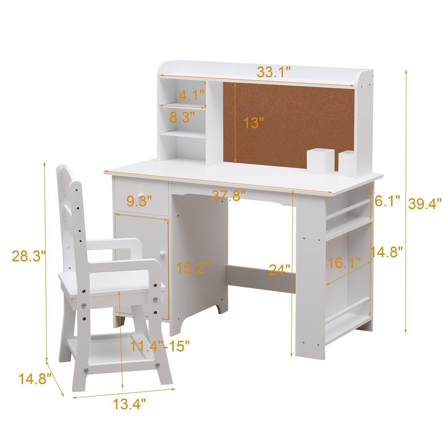 GarveeHome Kids Desk and Chair Set, Wooden Study Table with Storage Shelf, Bulletin Board, Children School Learning Desk Set, Writing Table for Boys and Girls, White