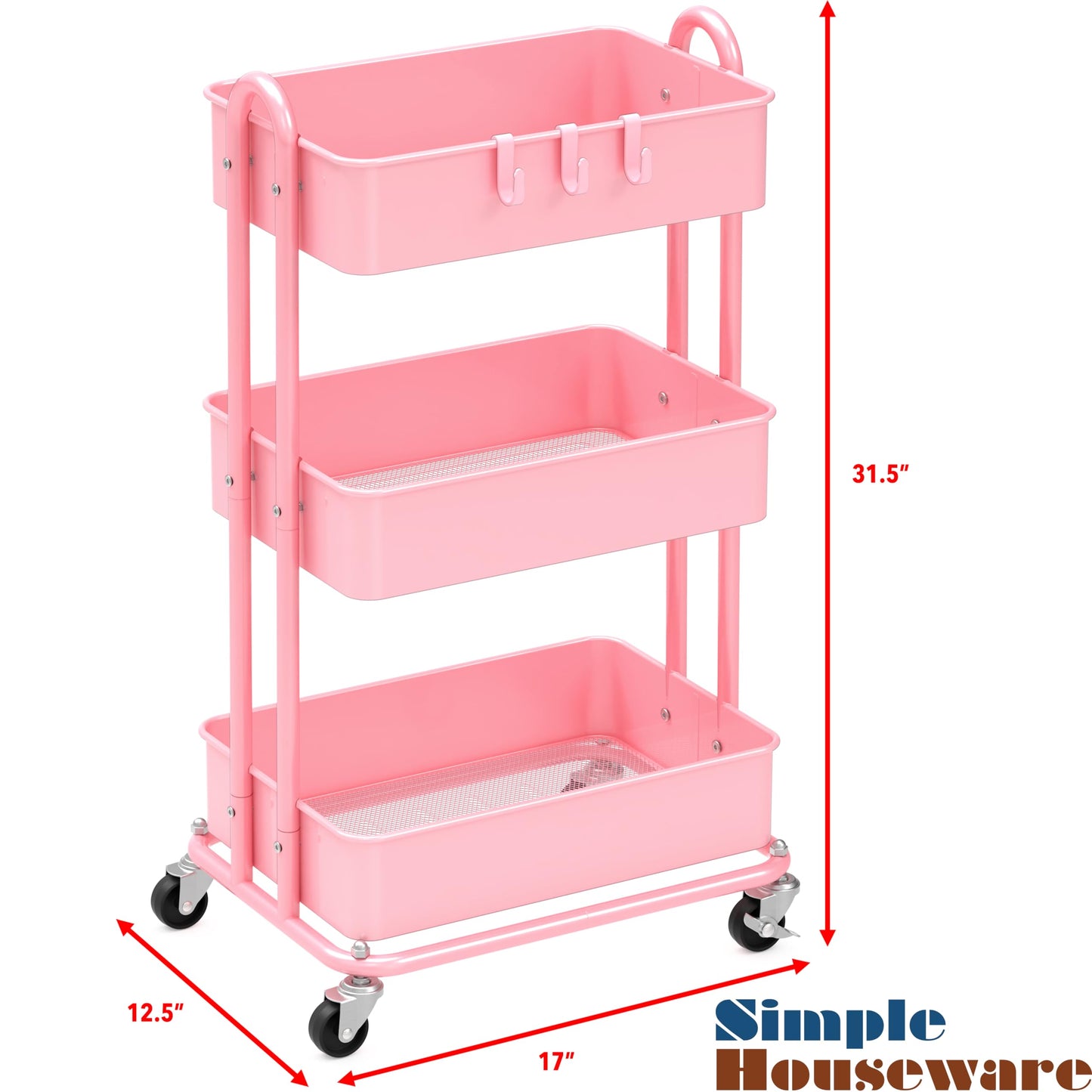 Simple Houseware 3-Tier Heavy Duty Metal Utility Rolling Cart, Pink