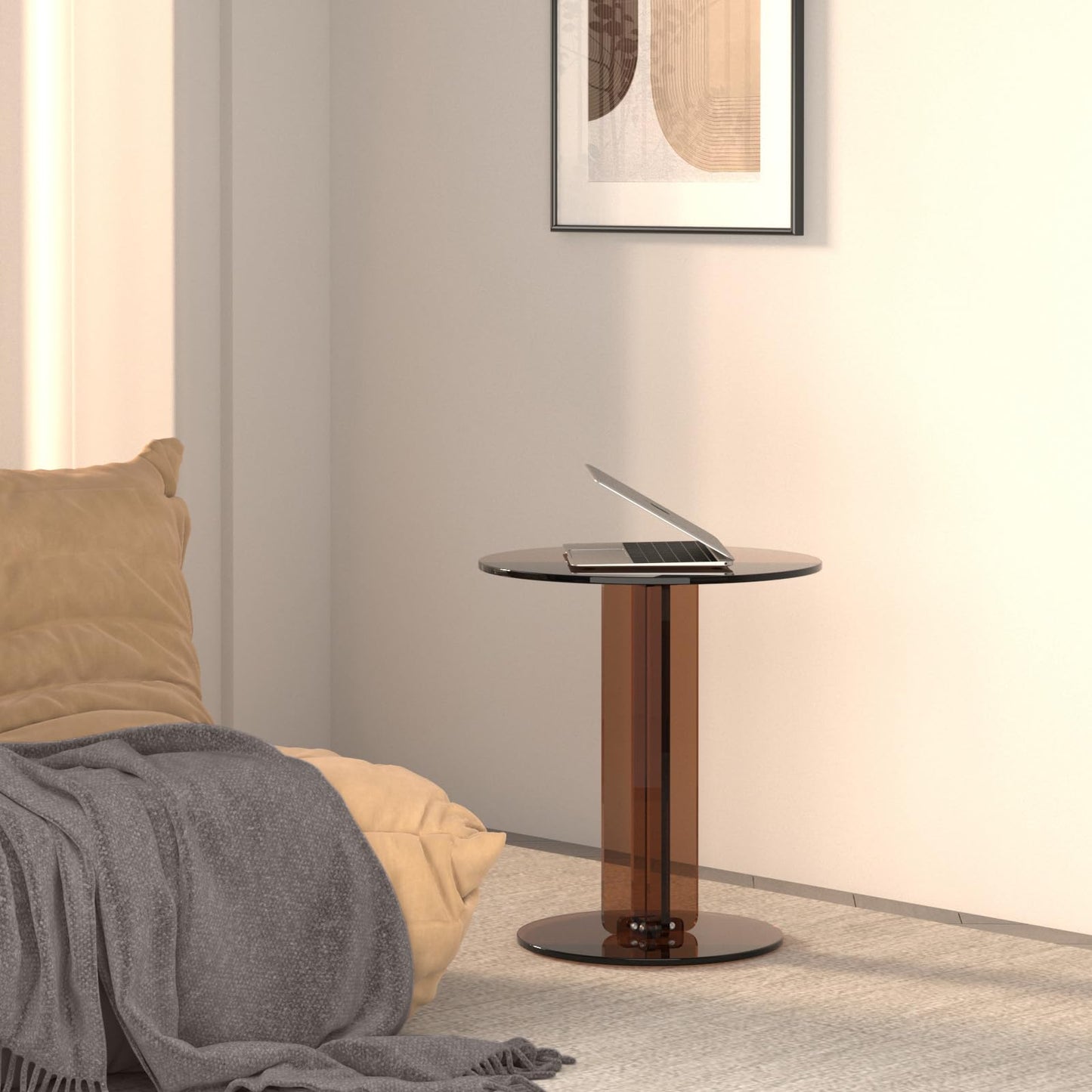Klippehop Round Acrylic Side Table, Modern Accent End Table, Minimalist Bedside Night Stand, Small Coffee Tables for Living Room Office Bedroom Indoor Home Decor, Brown
