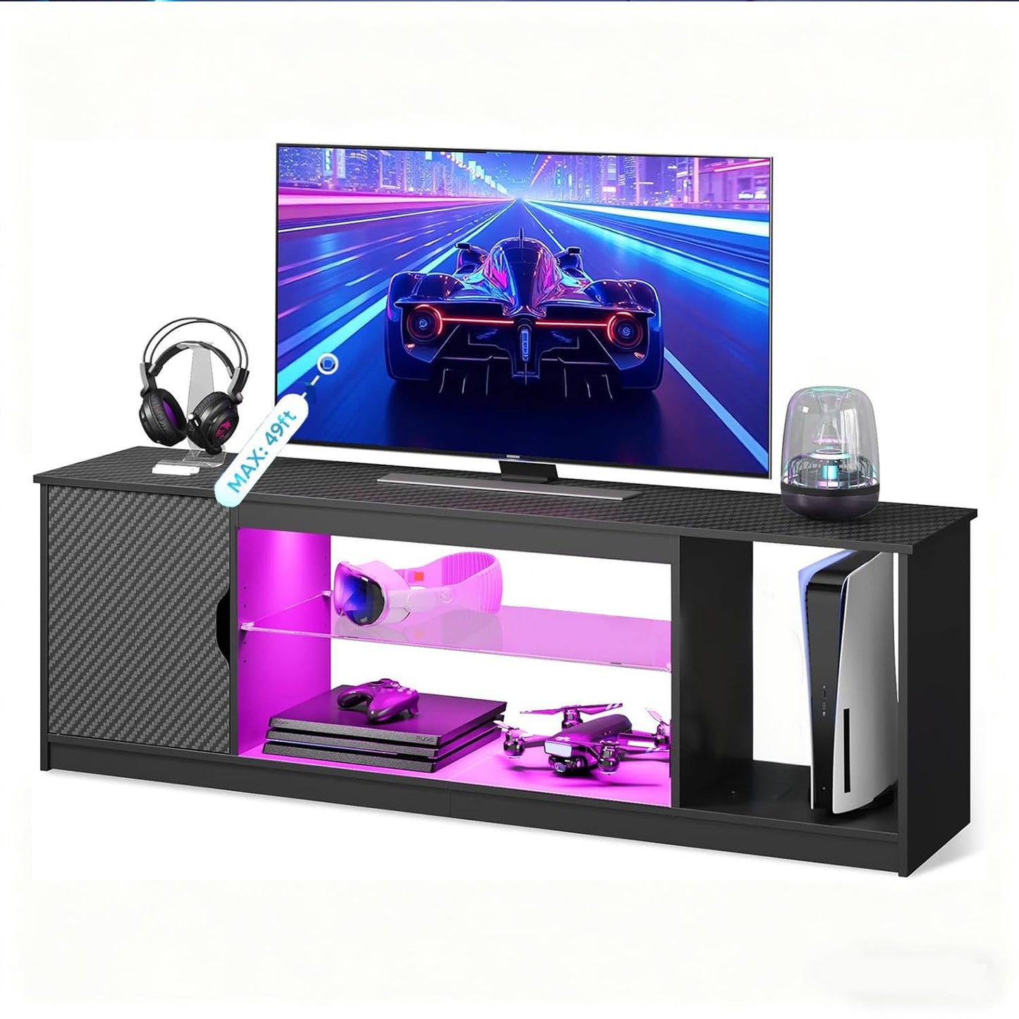 Bestier 57" LED TV Stand for 55/60/65 Inch TVs - Gaming Entertainment Center with RGB Lights, Adjustable Glass Shelves & Cabinet for PS5/Xbox, Modern Black TV Console for Living Room