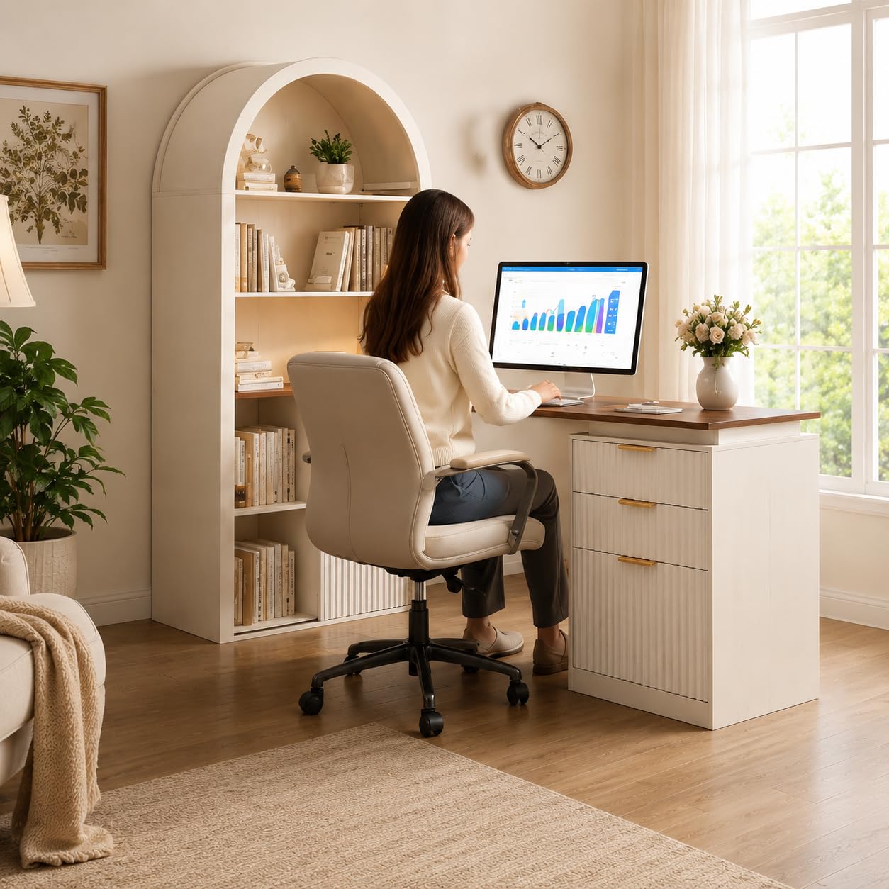 NORTHSKY 61" L Shaped Desk with Arched Hutch, White Corner Computer Desk with Power Outlets, 3 Drawers, File Cabinet and Sliding Door Storage for Home Office