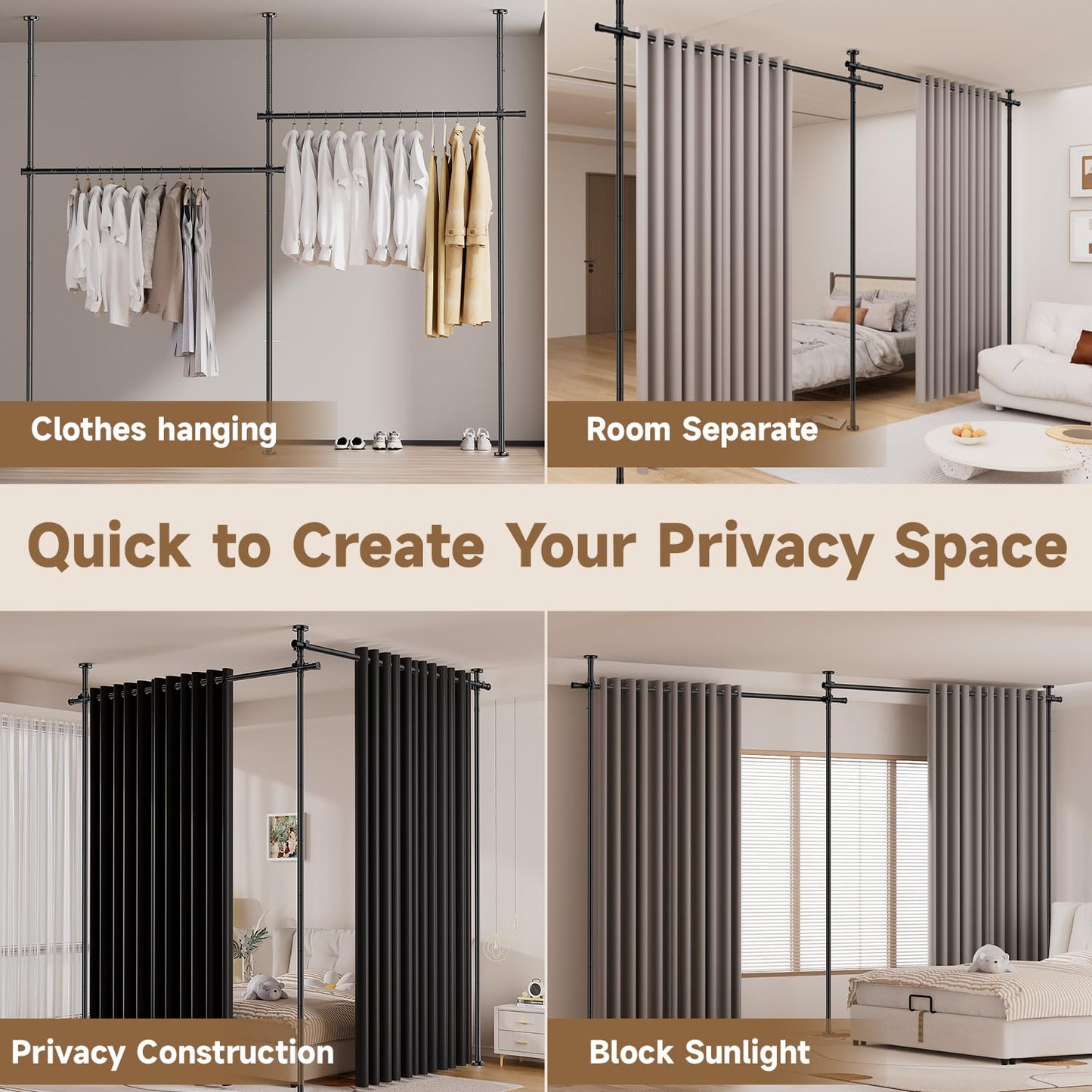Room Divider for Room Separation (43-145in W), Curtain Rods No Drilling for Bedroom, Freestanding Room Divider Panel Tension Rod, Wall Divider Privacy Screen Partition for Space Separator, Drill Free