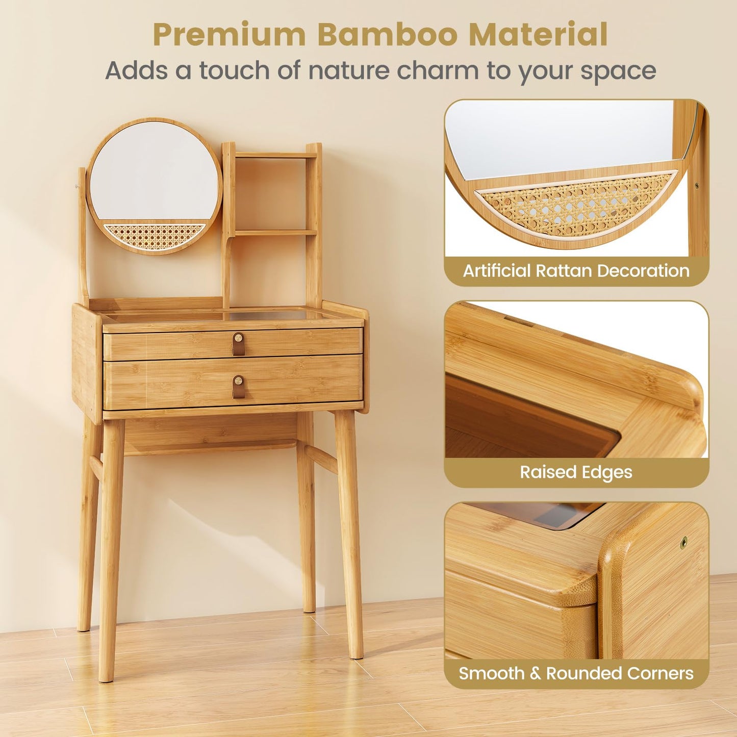 COSTWAY Vanity Desk with Mirror, Bamboo Makeup Vanity Set w/ 2 Drawers, 2 Shelves, Tabletop Storage Compartment & Clear Tempered Glass Tabletop, Small Bedroom Dressing Table for Adult Teens