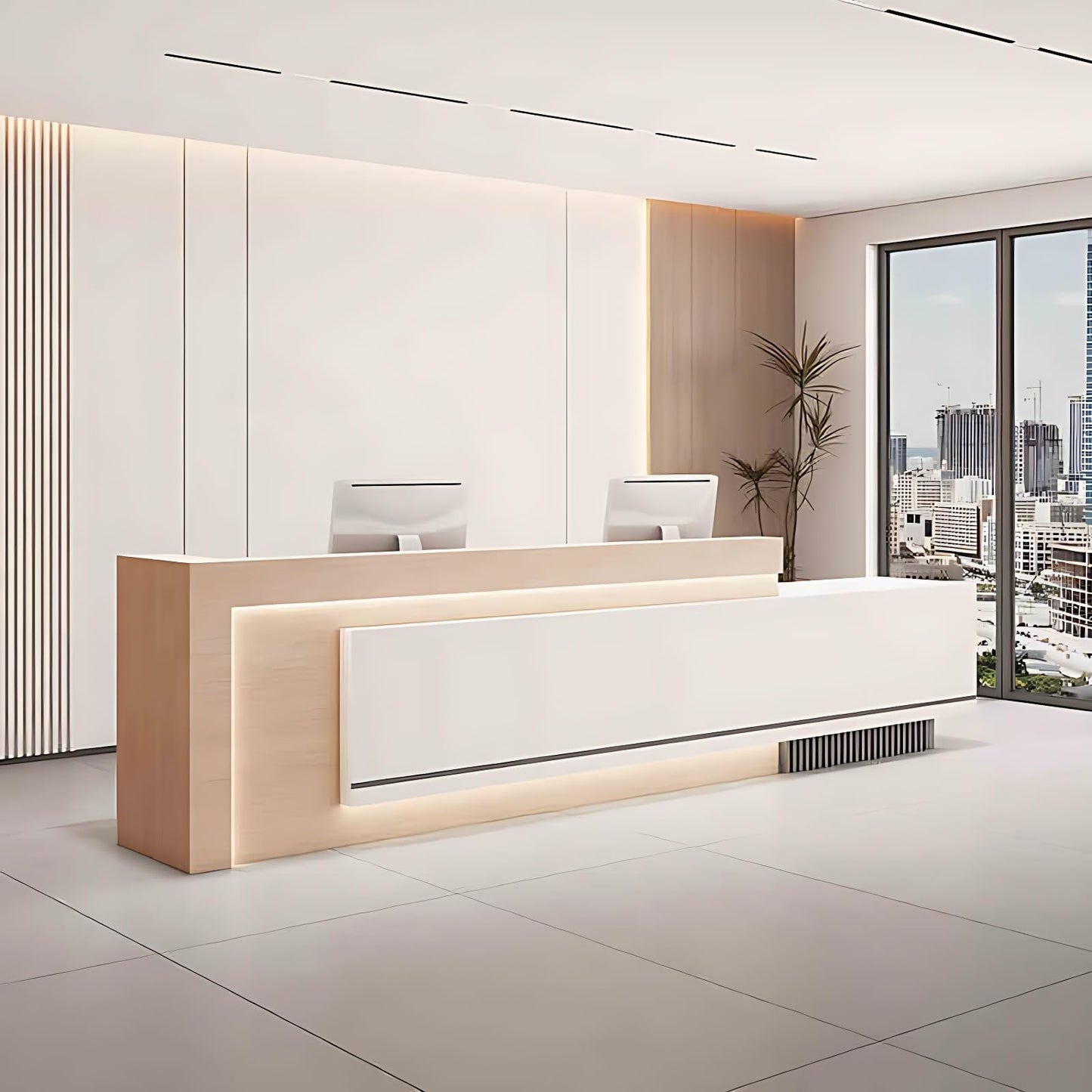 Modern Reception Desk with Hidden LED Lighting, Spacious Counter, Customizable Retail Furniture for Offices and Waiting Areas, Elegant Design for Enhanced Guest Experience