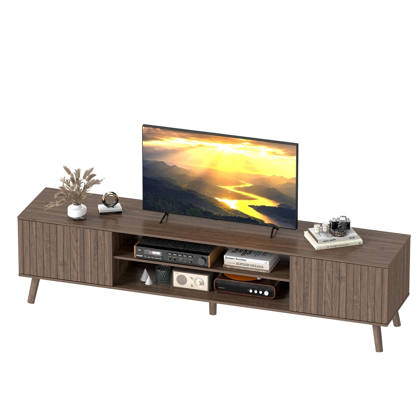 YOSHOOT TV Stand for 75 inch TVs, Mid Century Modern Entertainment Center with Power Outlet,Fluted Media Console with Open Shelves and Storage Cabinets for Living Room & Bedroom, Walnut