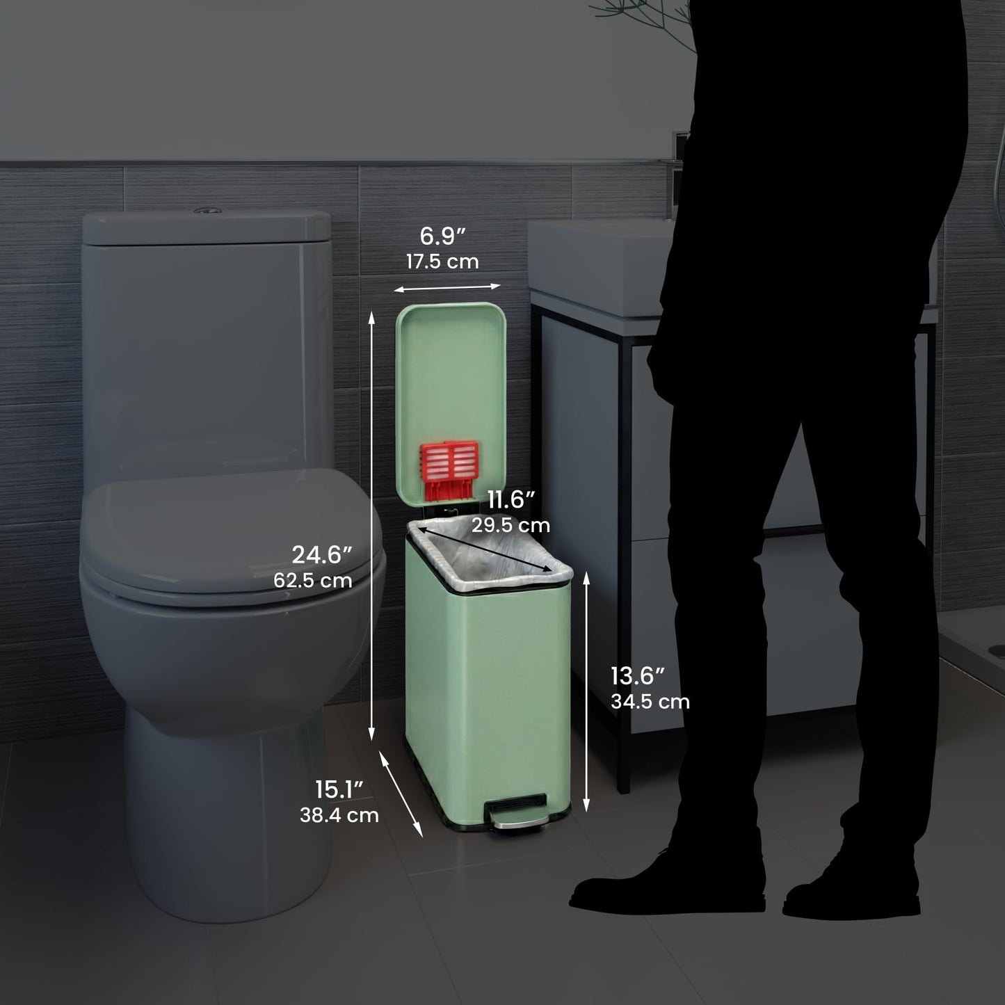 iTouchless 3 Gallon Small Wastebasket for Bathroom with Lid, Deodorizer, Soft-Step Stainless Steel Slim Garbage Bin, 12 L Pastel Green Small Trash Can, Step Pedal Retro Soft-Toned Decor for Restroom