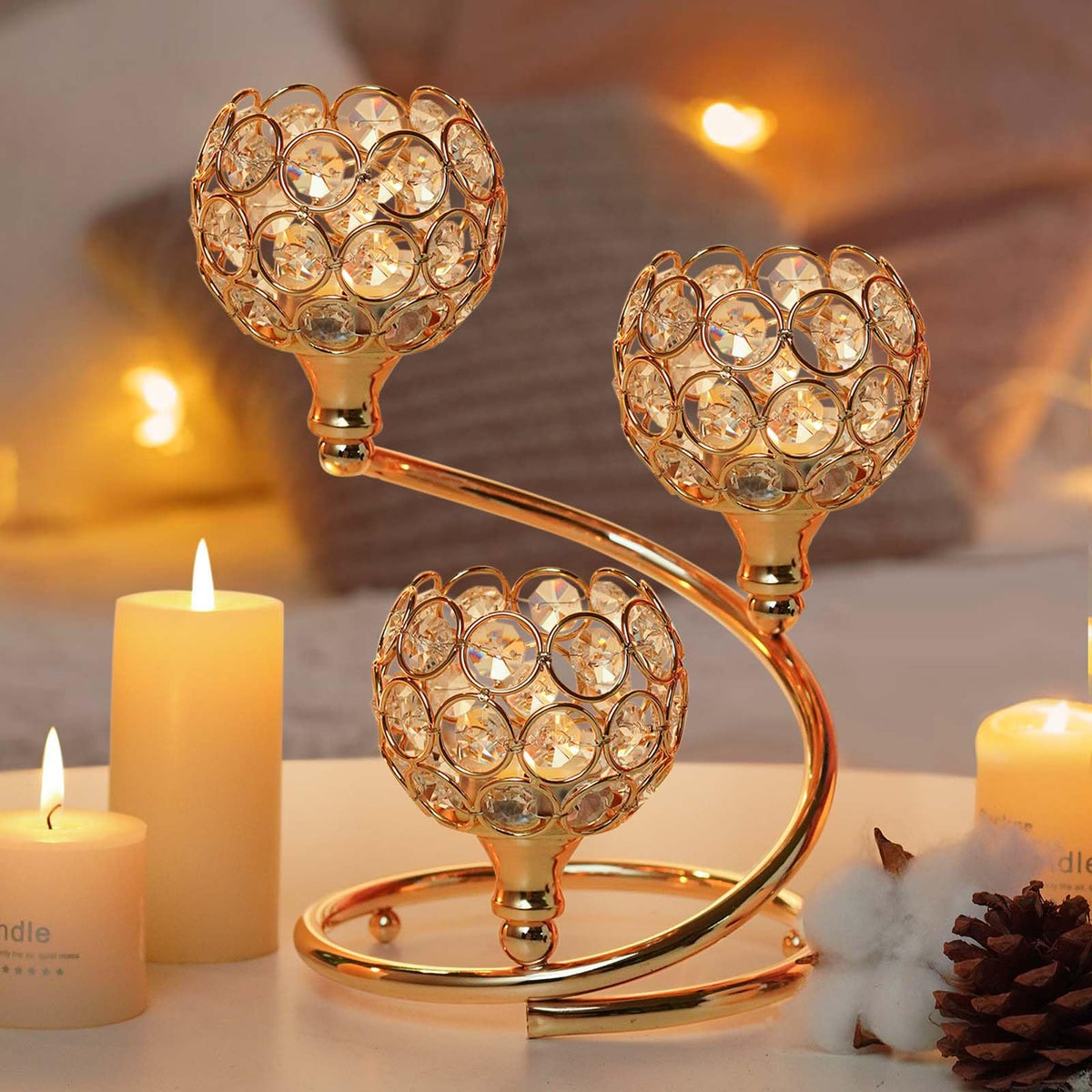 KEHAIL Metal Crystal Candle Holder Set of 2 - Elegant 3-Arm Metal Tea Light Centerpiece with Shining Crystal Bowl, Wedding Anniversary Table Decor for Dining, Party (Gold, 2 Pcs 3 Arm)
