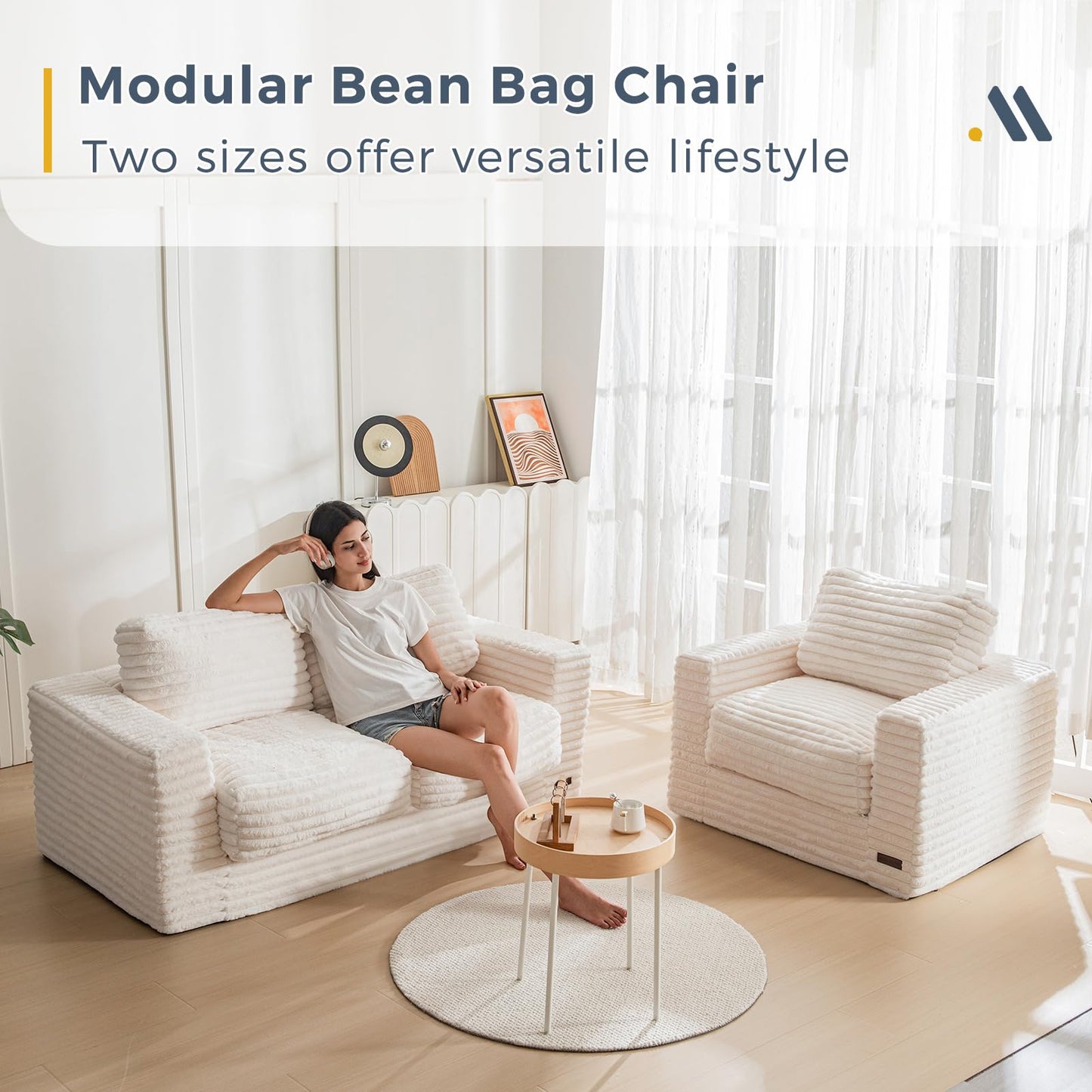 MAXYOYO Bean Bag Chair for Adults, Upholstered Loveseat Floor Sofa with Pillows and Armrests, Large Bean Bag Sofa Plush Couch for Bedroom Living Room, White