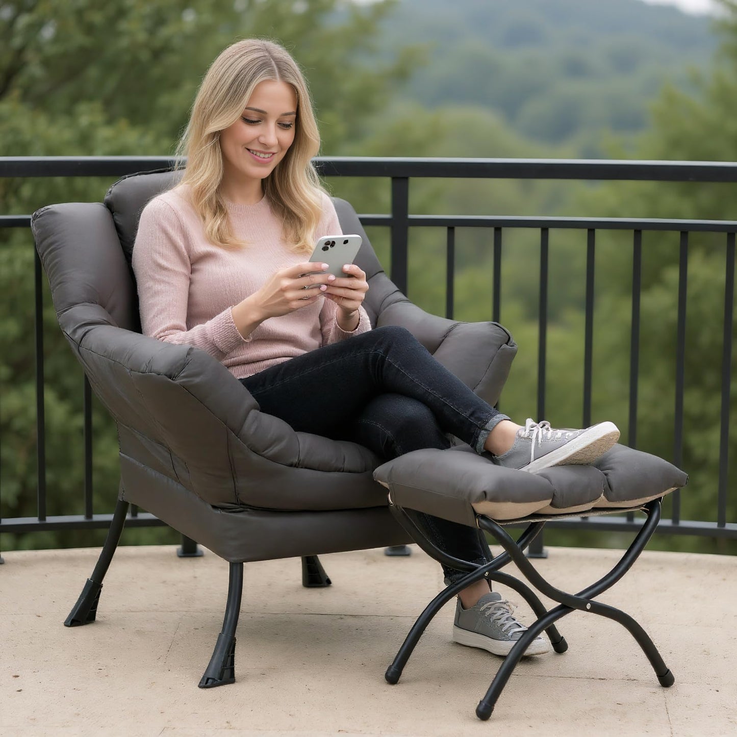 SESHINELL Lazy Chair with Ottoman, Modern Accent Chair Contemporary Sofa Chair with Armrests, Reading Chair and Folding Footstool Set for Living Room, Bedroom, Office, Dark Grey