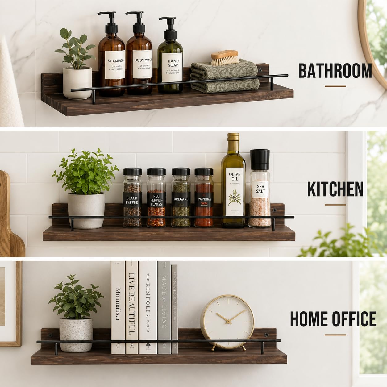 LRDZSWY 3-Tier Floating Shelves Wall Mounted, Rustic Wood Bathroom Shelves with Metal Guardrail, Heavy Duty Wall Storage Display Rack for Bedroom, Living Room, Kitchen and Office